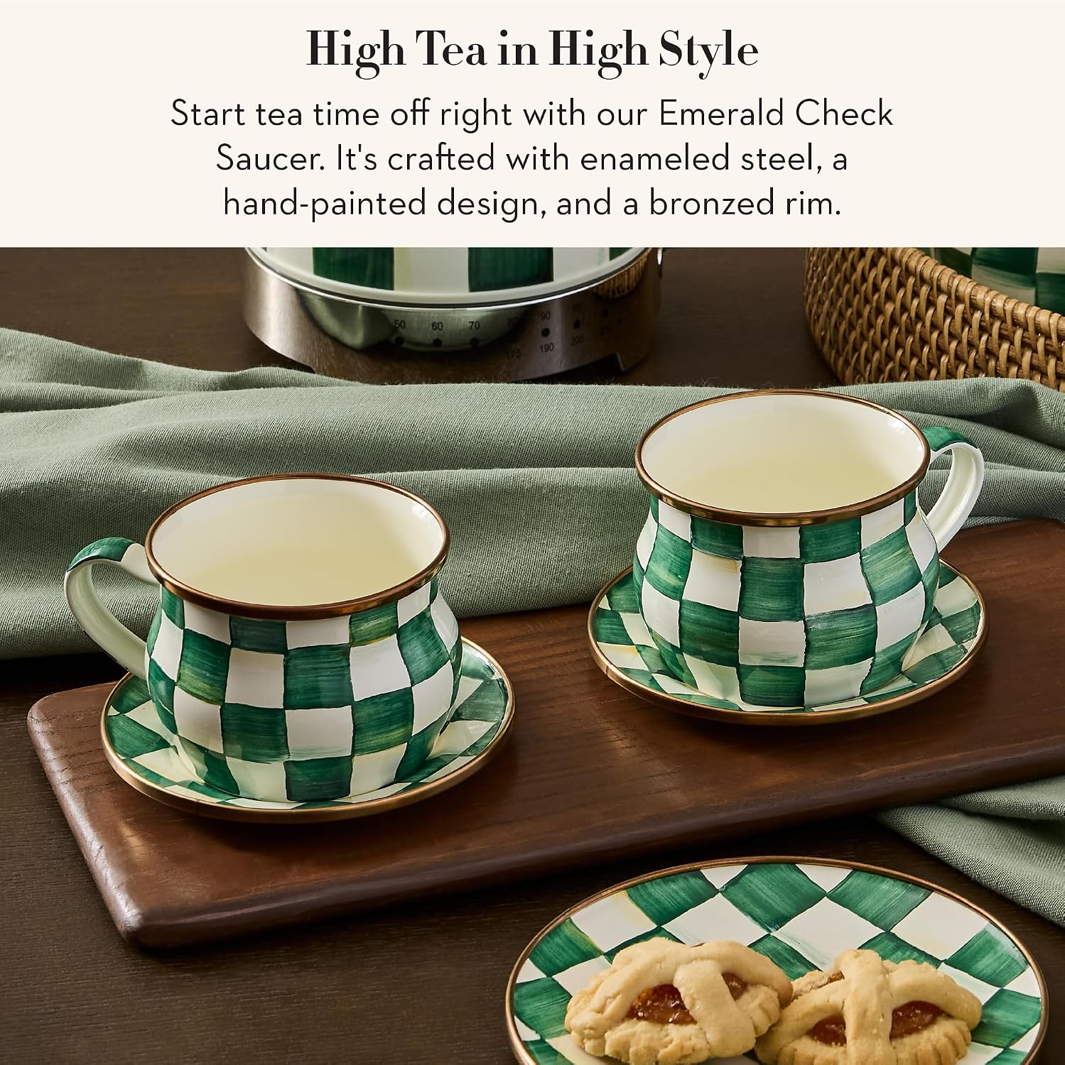 MACKENZIE-CHILDS Enamel Saucer, Black-and-White Courtly Check | Hand-painted design, made from enameled steel, small plate for a coffee cup or teacup, 6" dia.