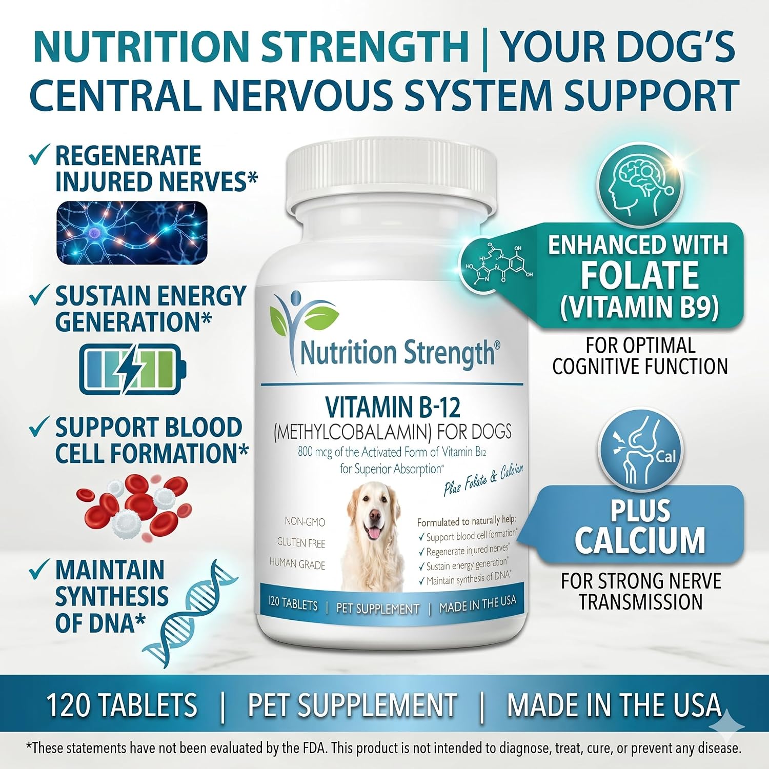 Vitamin B12 for Dogs Plus Folate & Calcium, Support the Nervous System & Blood Cell Formation