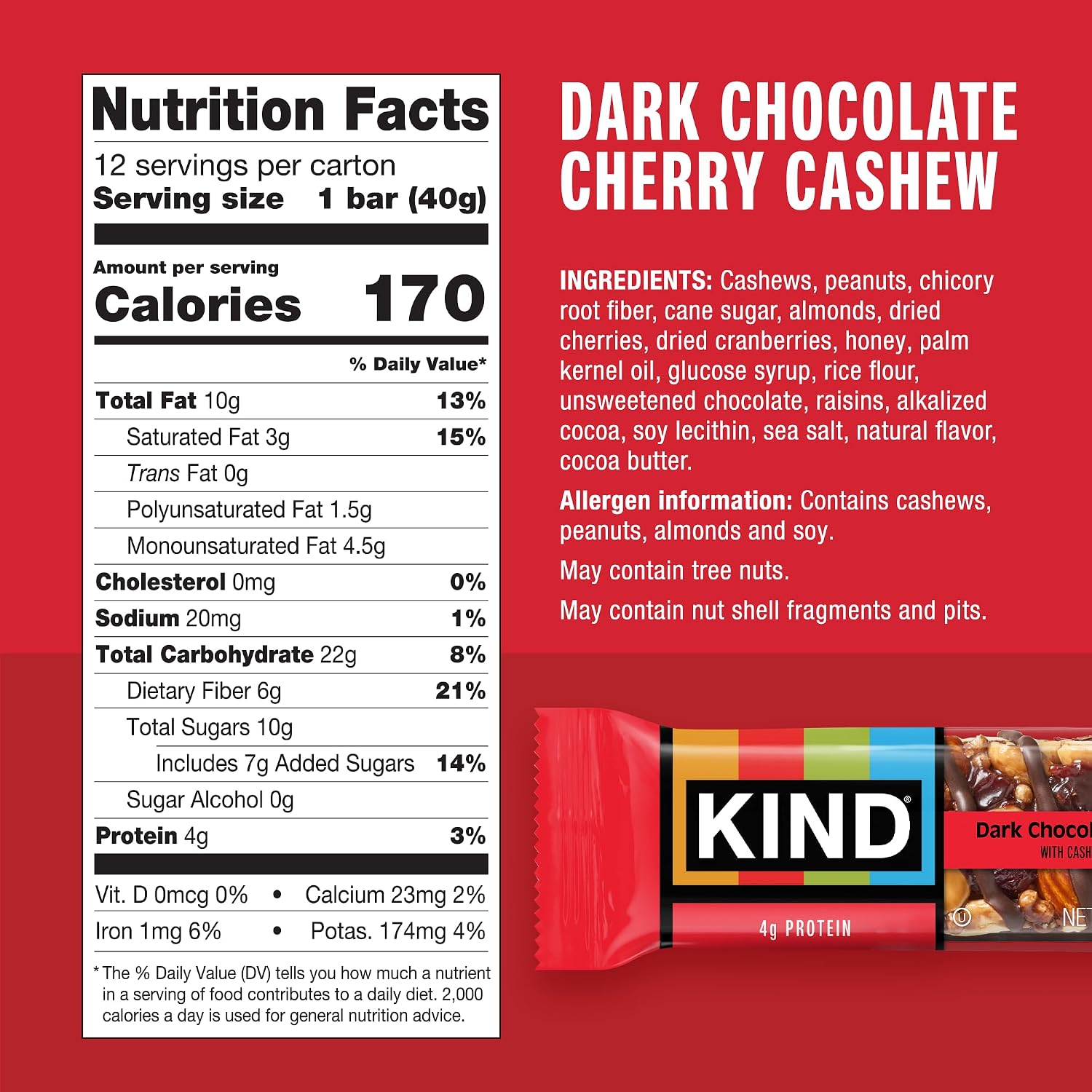 KIND Healthy Snacks Bars, Dark Chocolate Nuts & Sea Salt, Gluten Free, Low Sugar, High Fiber Snacks, 6g Protein, 12 Count