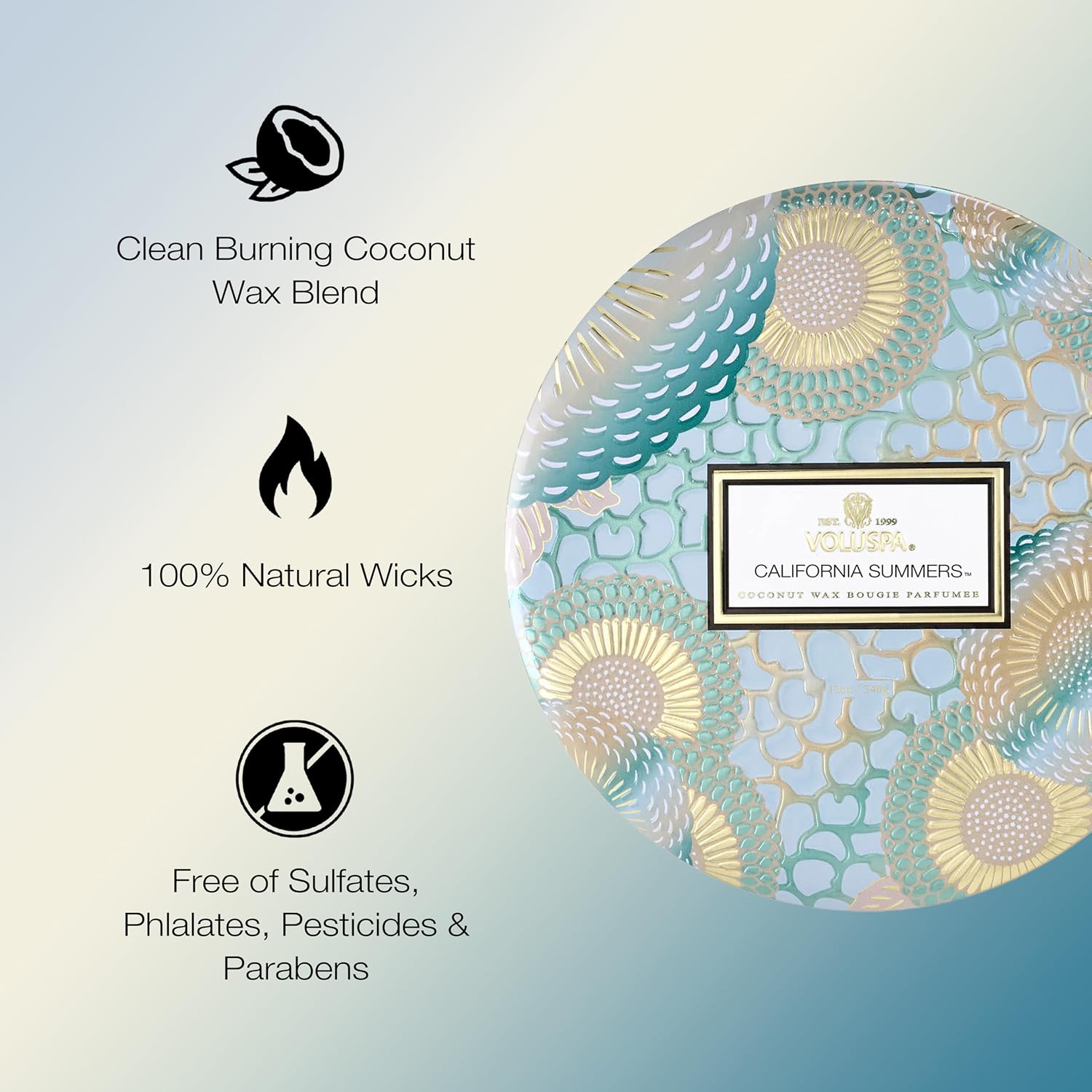Voluspa Santal Vanille, 3 Wick Tin Candle, 12 oz, 40 Hour Burn Time, Coconut Wax for Clean Burning, Handcrafted in the USA