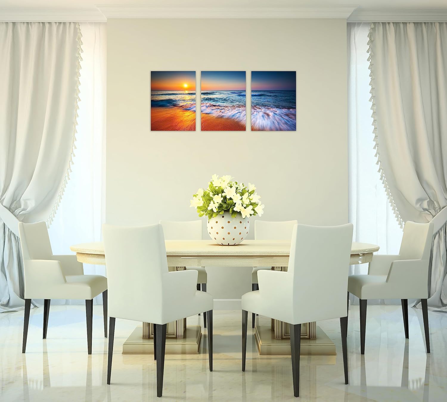 TutuBeer 3 Panel Beach Canvas Wall Art for Home Decor Blue Sea Sunset White Beach Painting the Picture Print on Canvas Seascape the Pictures for Home Decor Decoration,Ready to Hang