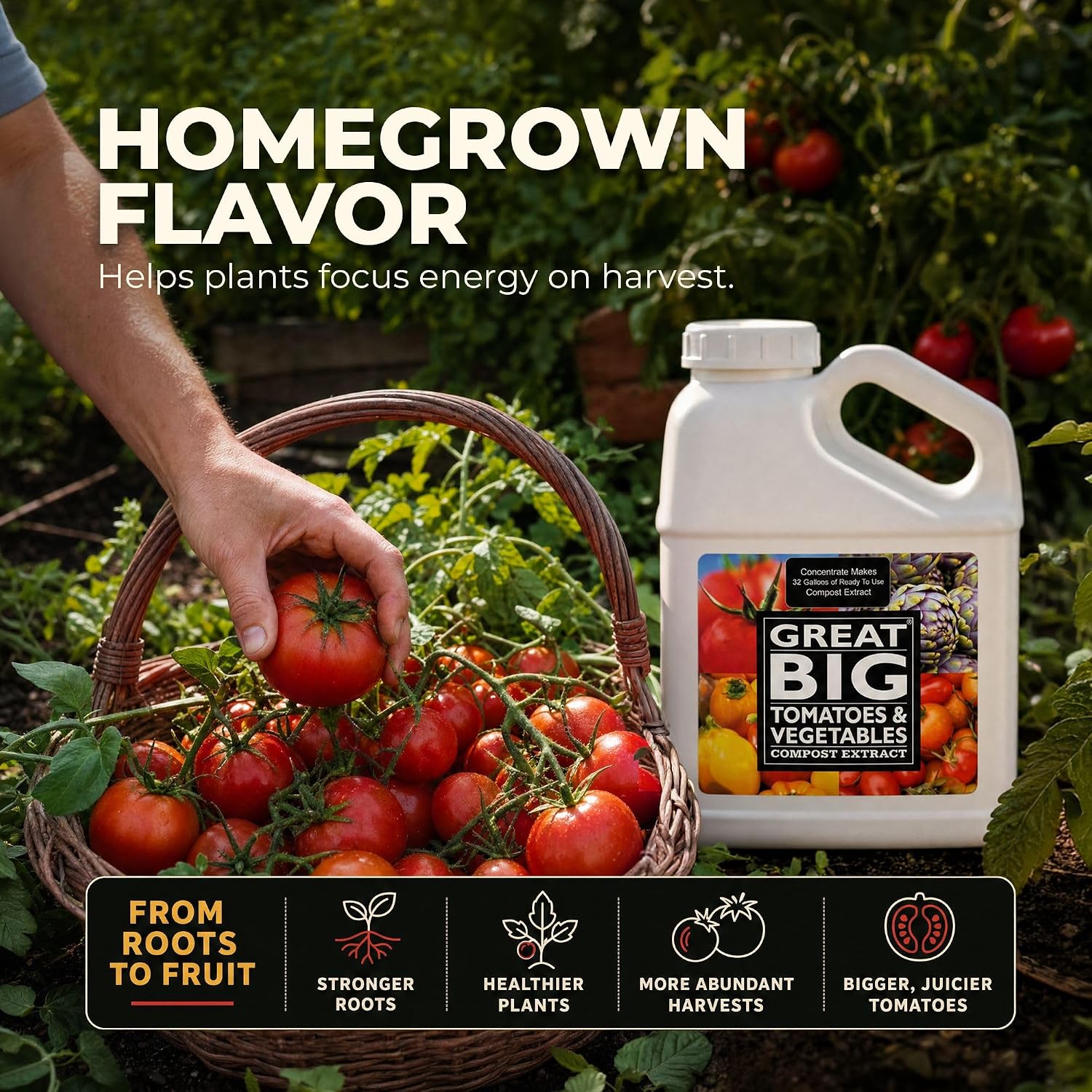 Great Big Tomatoes and Vegetables Liquid Fertilizer Booster - Organic Soil Conditioner, Liquid Compost Extract with Humic Acid, Fertilizer Activator for Big Vegetable Yields, 70 Minerals - 32 Ounce