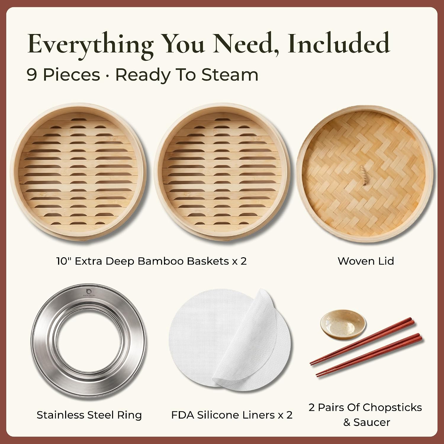 HAPPI STUDIO Bamboo Steamer Basket 10 Inch, Extra Deep Dumpling Steamer Set