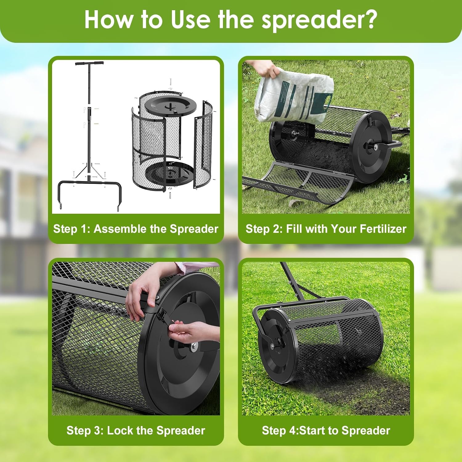 Seeutek Compost Spreader, 24" Peat Moss Spreader with 3 Heights | Push or Tow Top Soil Spreader W/Upgraded Side Latches Support Rod Powder Coated Metal Mesh Top Dressing Spreader for Lawn