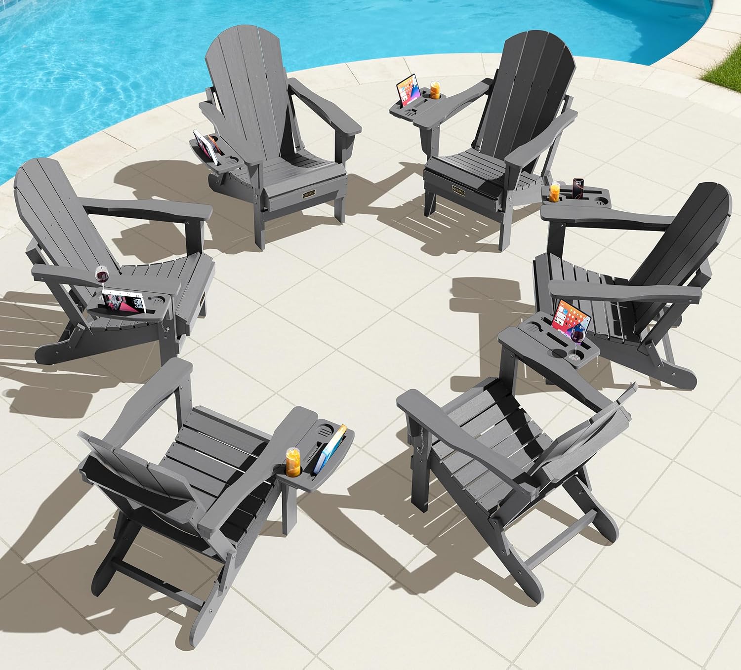 SERWALL Folding Adirondack Chairs with Cup Holder, Outdoor Fire Pit - Blue