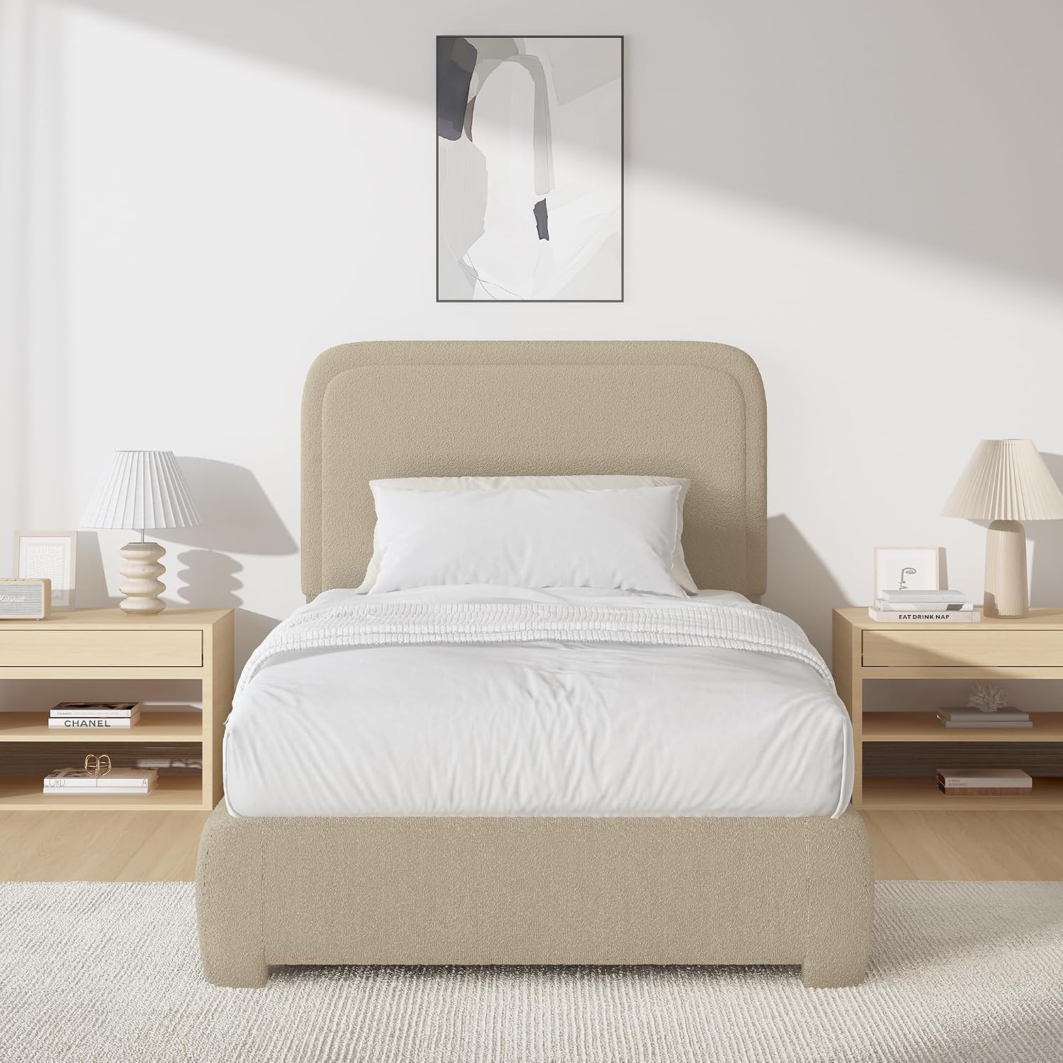 BarnFurin Full Bed Frame, Cloud Boucle Headboard, Rounded Corners, White | Soft boucle and rounded edges create a low-profile cloud look. Wooden slats support the mattress without a box spring