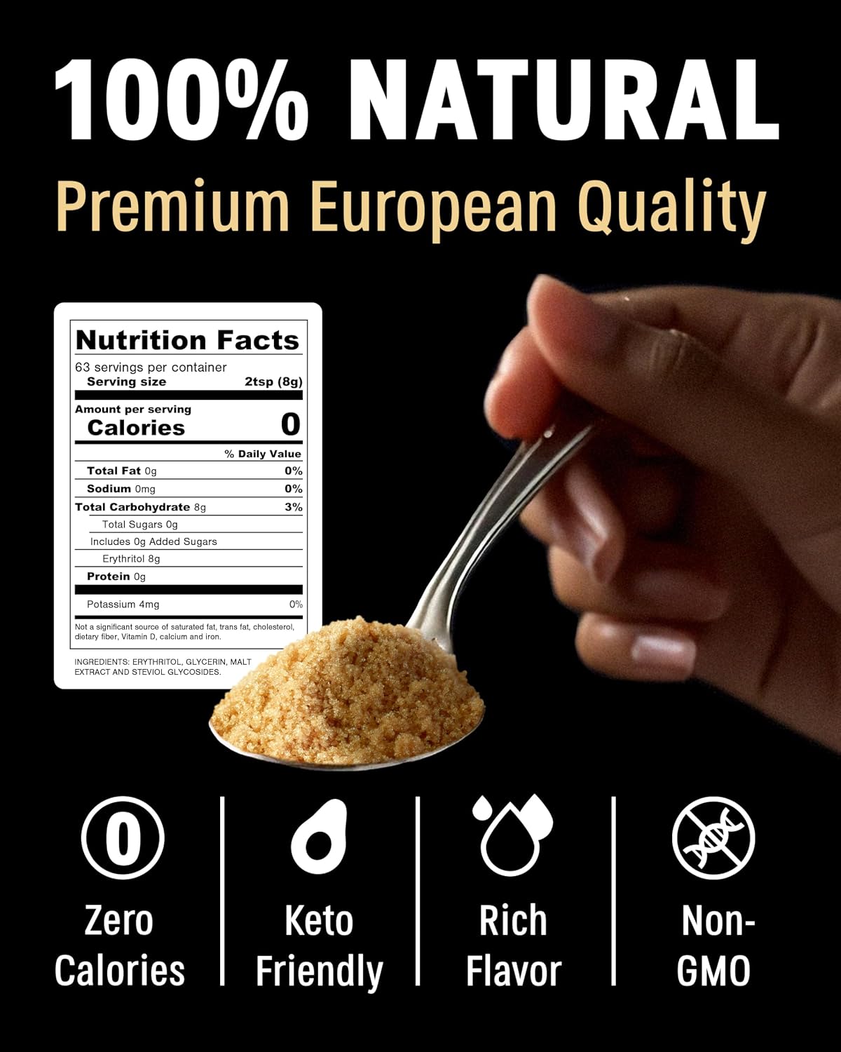 SUKRIN GOLD 100% Natural Sugar Free Brown Sugar Substitute with Erythritol & Stevia Brown Sugar Zero Calorie Sweetener, Granulated Gluten Free Non-GMO Kosher Blood Sugar Vegan Keto Friendly, 1.1LB Bag