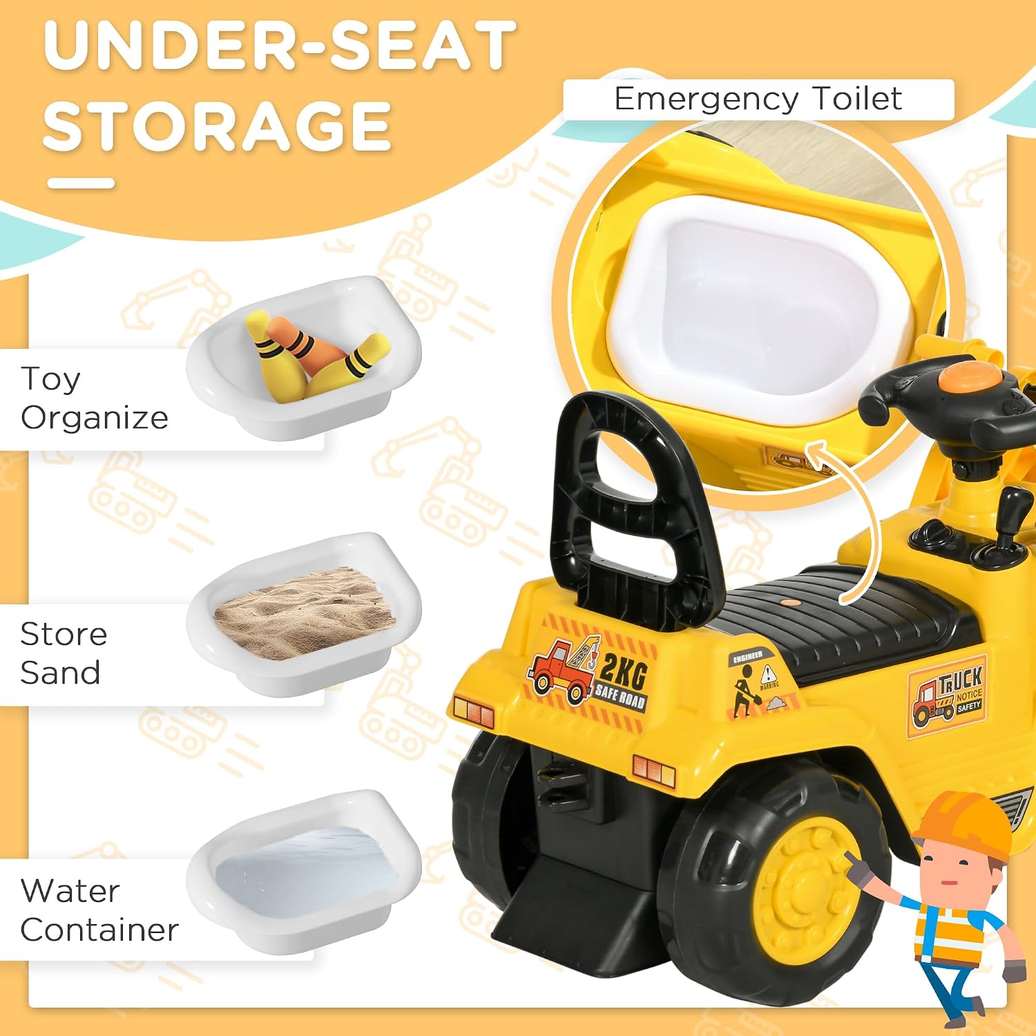 HOMCOM Ride On Excavator Ride On Bulldozer with Horn, Under Seat Storage