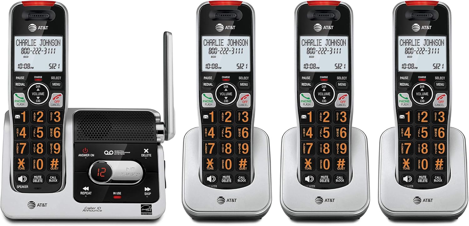 AT&T BL102-4 DECT 6.0 4-Handset Cordless Phone for Home with Answering Machine, Call Blocking, Caller ID Announcer, Audio Assist, Intercom