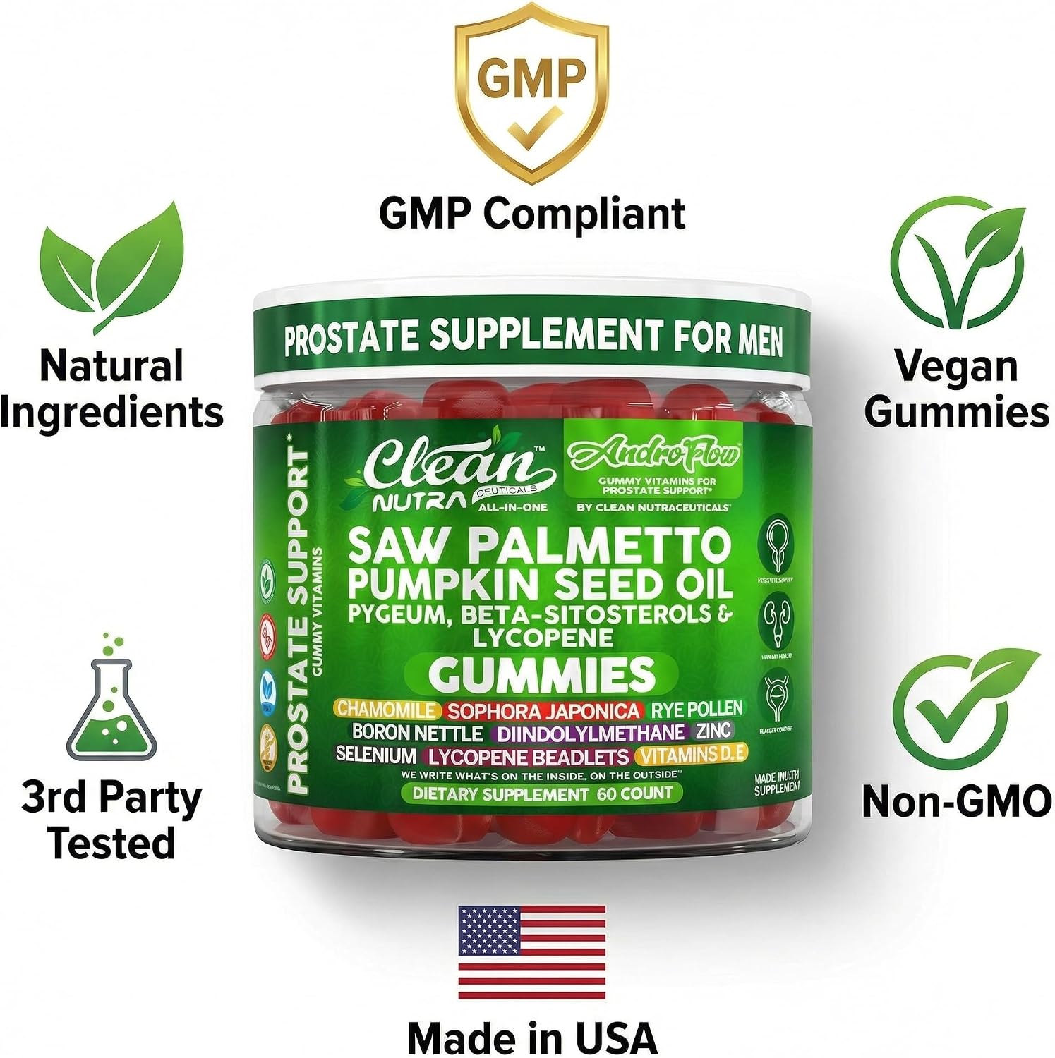 AndroFlow Saw Palmetto and Pumpkin Seed Oil Prostate Health Supplements for Men Pygeum Beta Sitosterol Lycopene Boron Zinc Selenium DIM Stinging