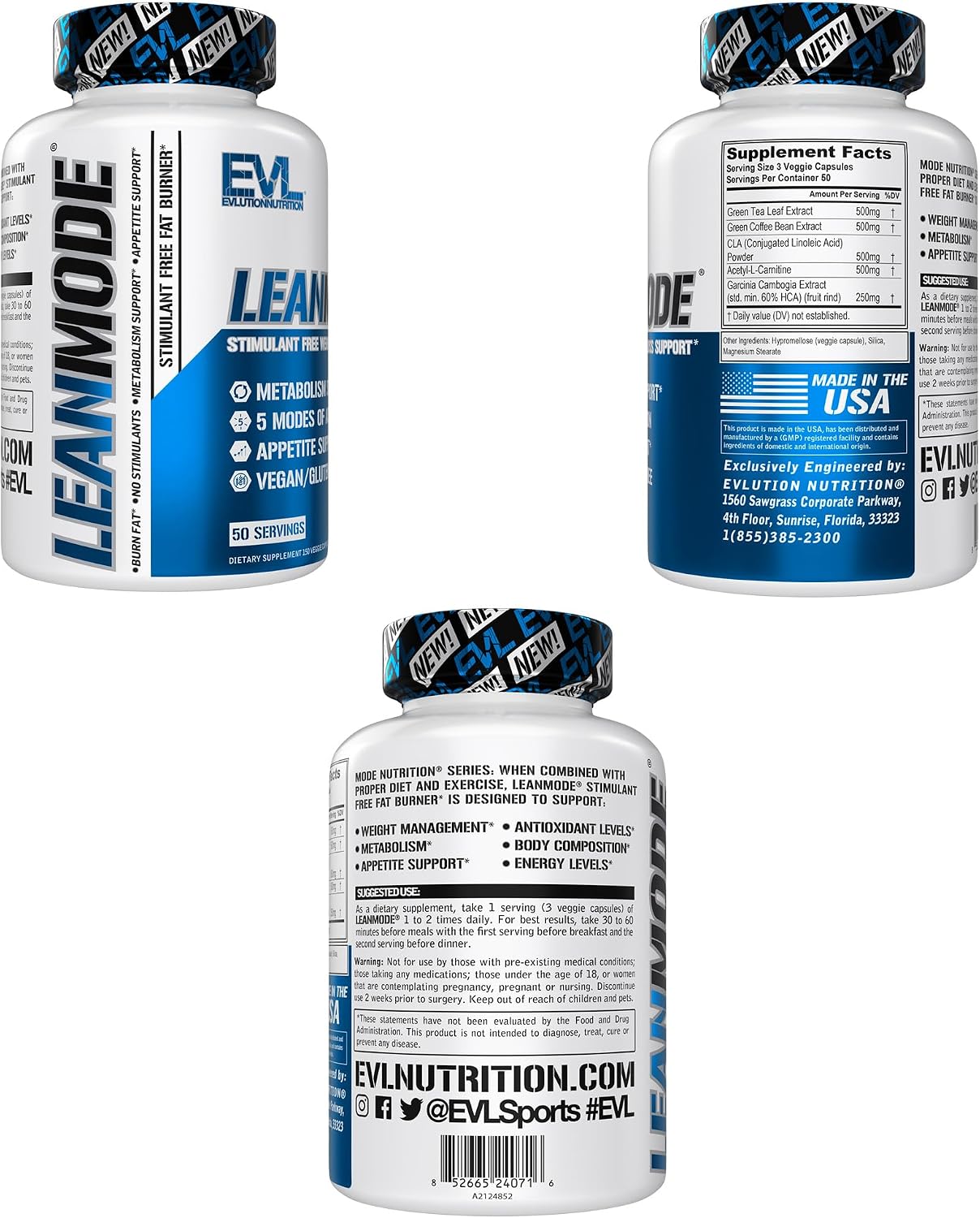 EVL LeanMode Weight Loss Support Capsules - For Men & Women - 50 Servings | Features Green Coffee Bean Extract, CLA and Garcinia Cambogia to support metabolism and appetite control