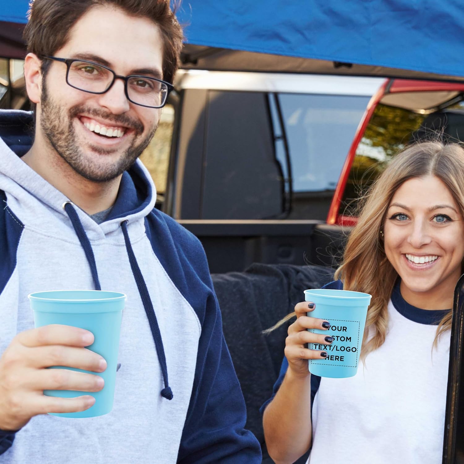 DISCOUNT PROMOS Custom Plastic Stadium Cups 16 oz. Set of 10/50/100, Personalized Bulk Pack - Perfect for Birthdays, Weddings, Picnic, Beach
