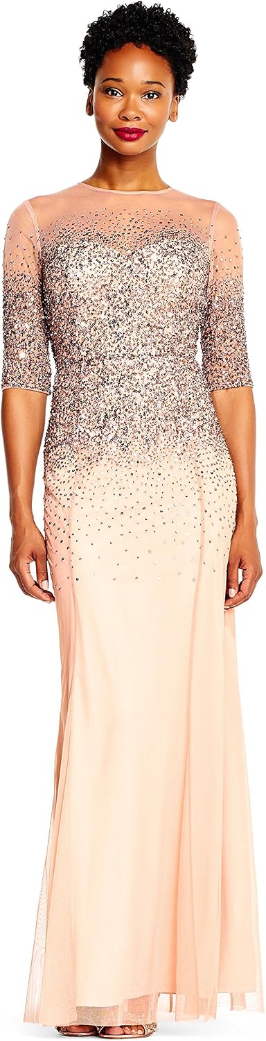Adrianna Papell Women's Beaded Illusion Dress | Long Sequin Evening Dress with Fitted Bodice & Tulle Skirt Overlay