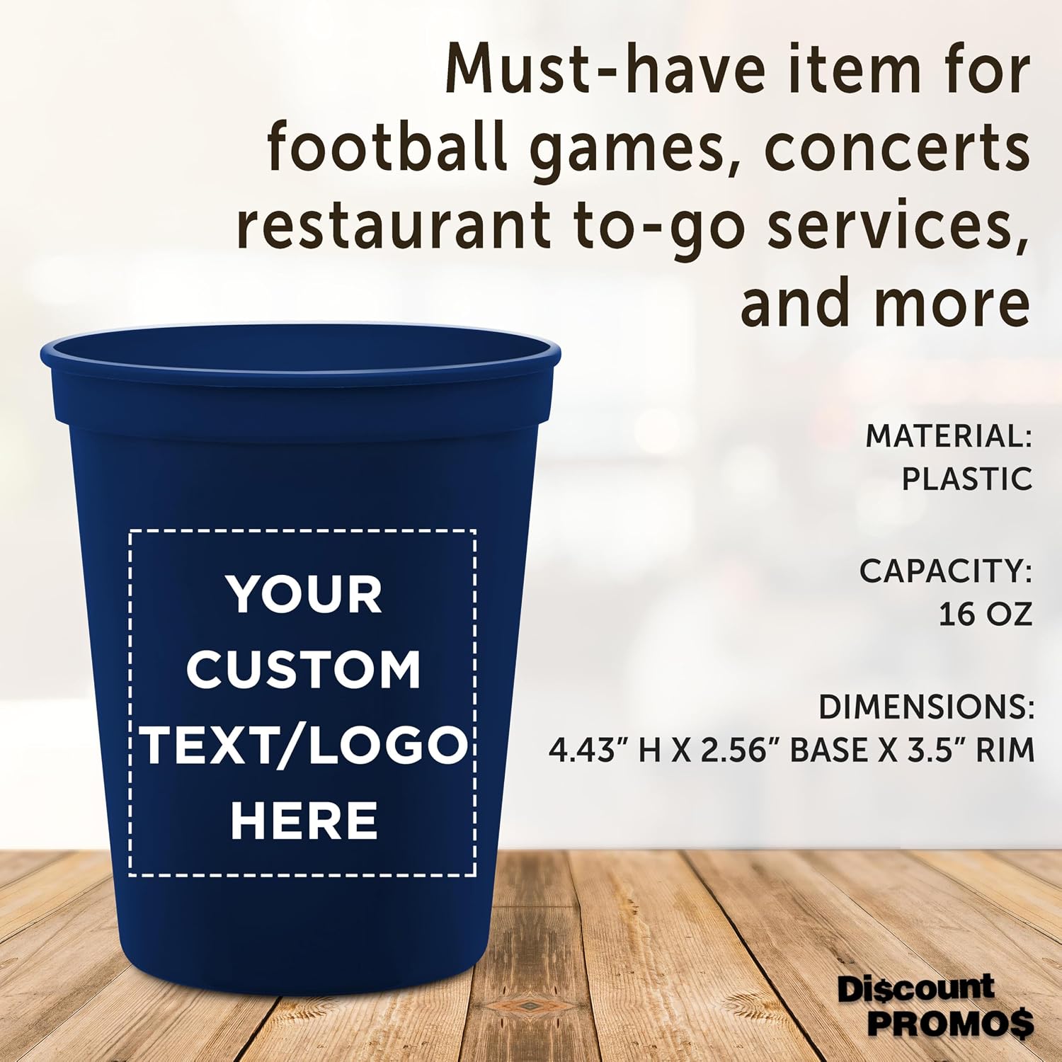 DISCOUNT PROMOS Custom Plastic Stadium Cups 16 oz. Set of 10/50/100, Personalized Bulk Pack - Perfect for Birthdays, Weddings, Picnic, Beach