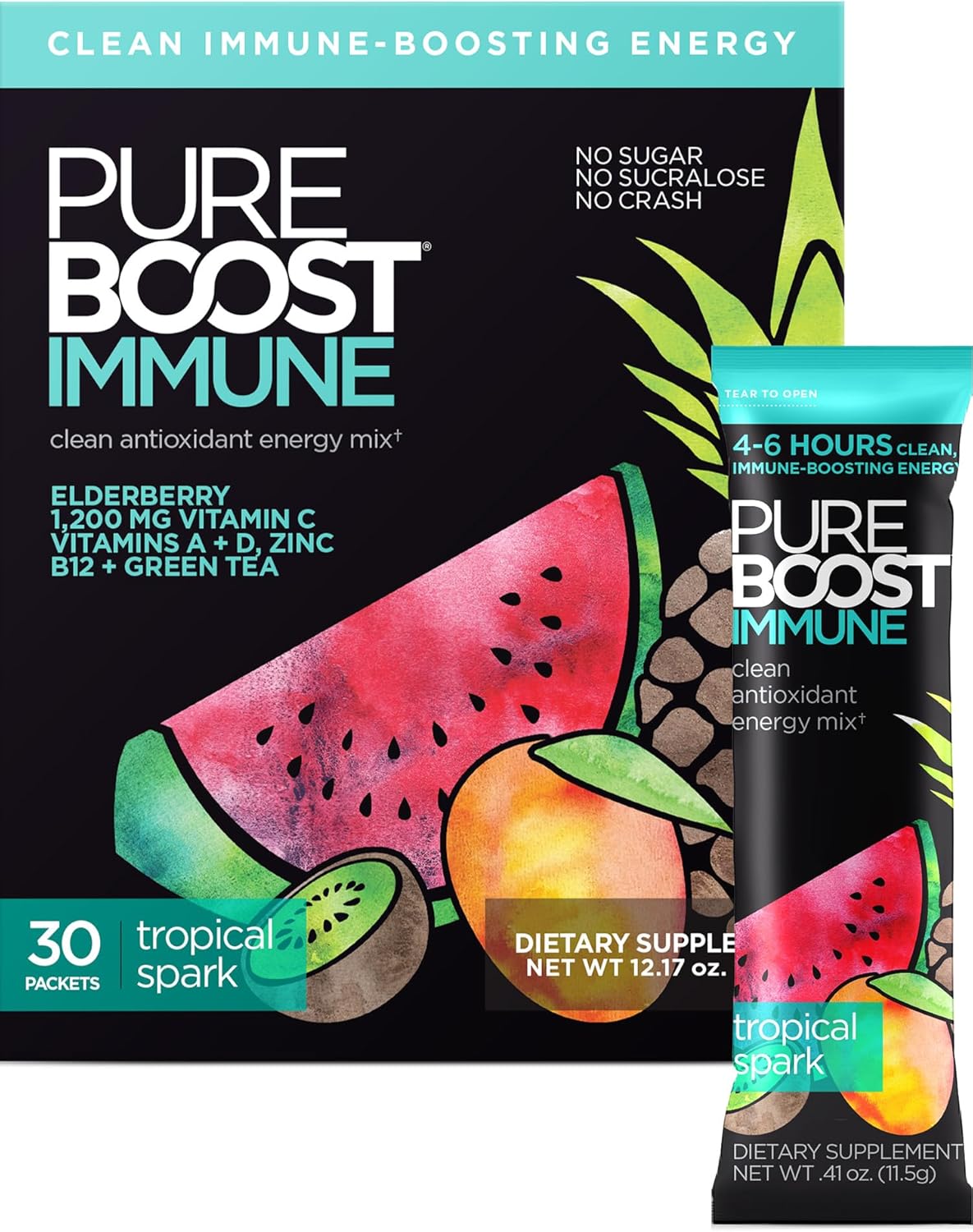 Pureboost Sugar-Free Immune Clean Energy Booster Drink Mix, Combo Pack 30ct