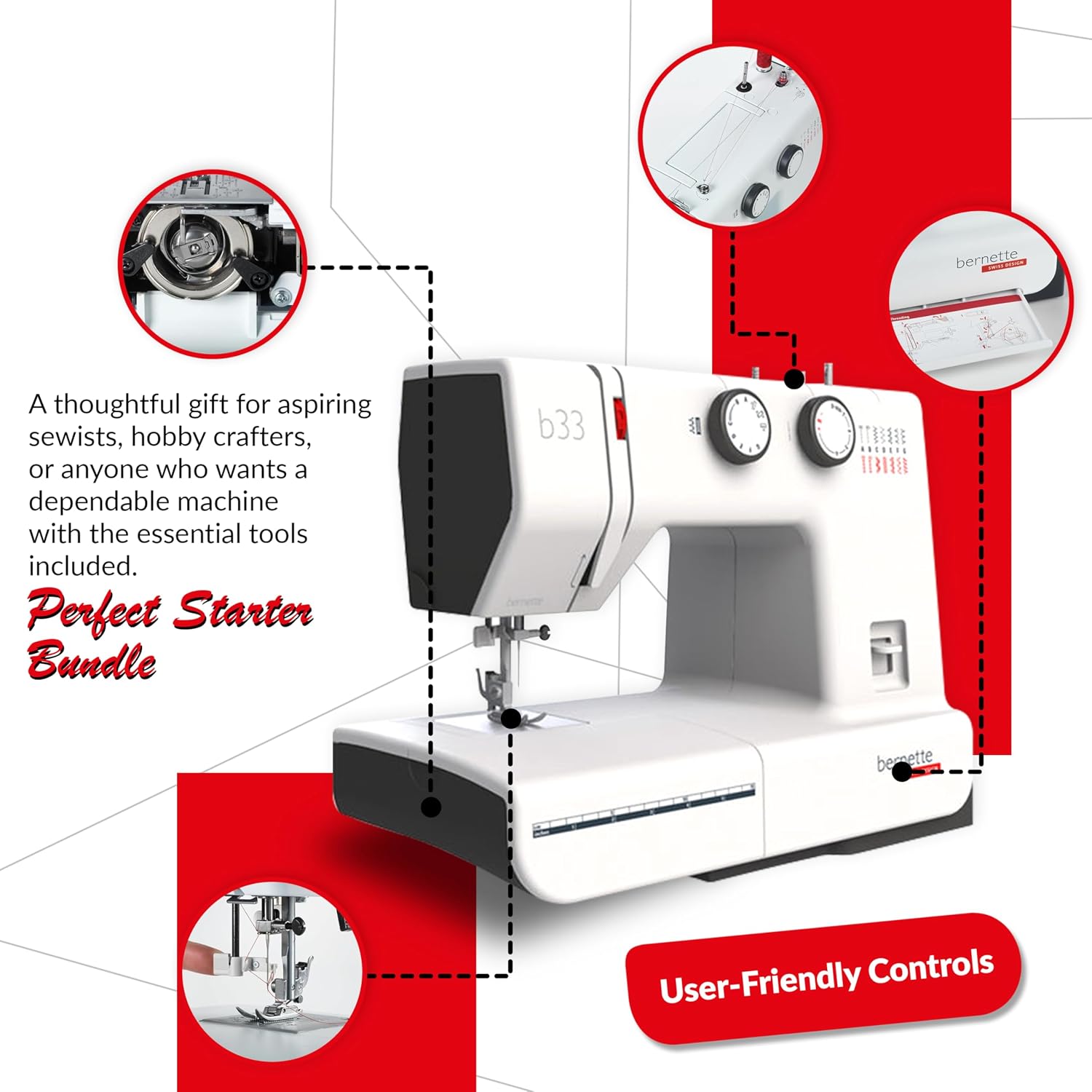 Bernette B33 Swiss Design Sewing Machine | Mechanical, Heavy-Duty, Portable, 15 Built-In Stitches, 5mm Stitch Width, Front-Loading Bobbin