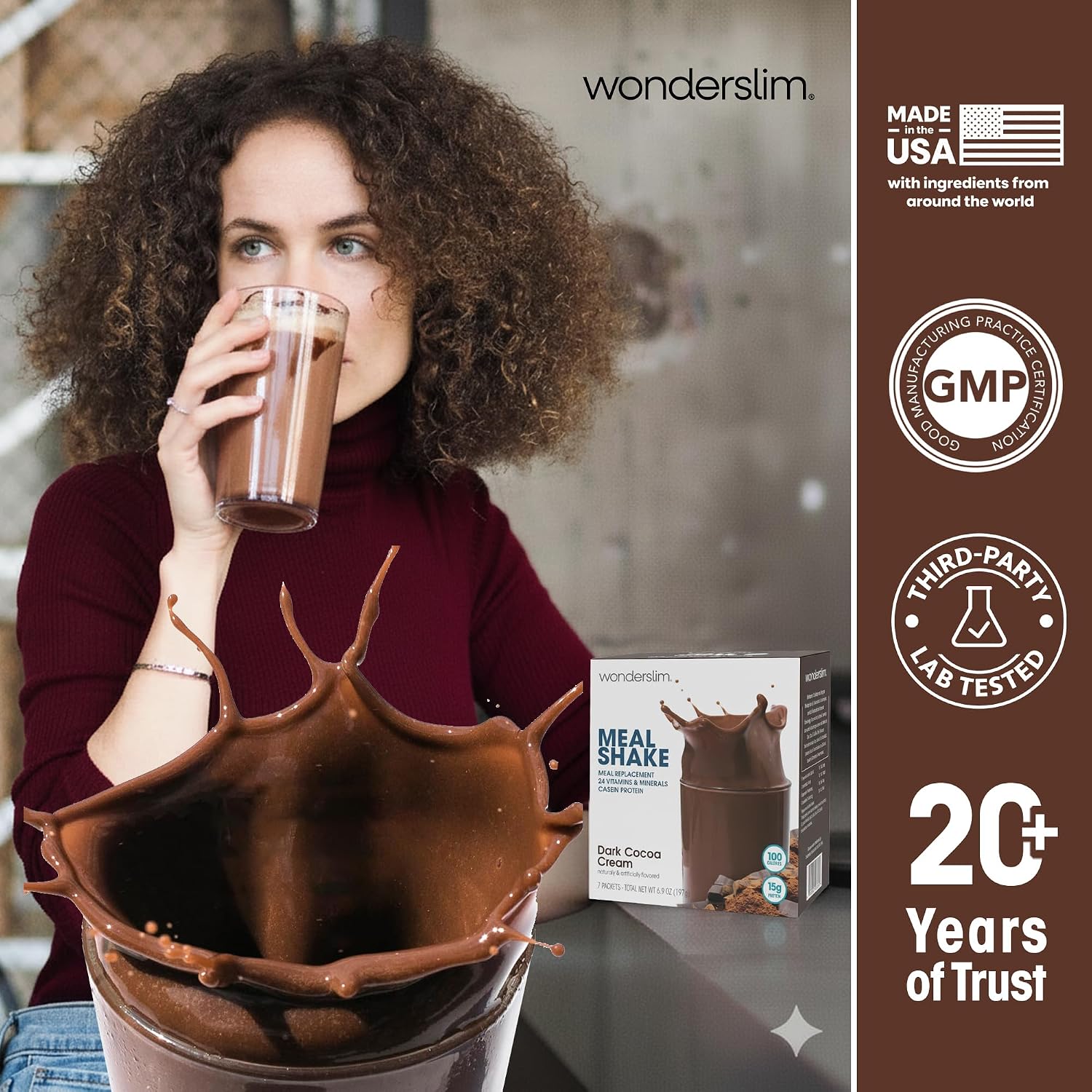 WonderSlim Protein Meal Replacement Shake – 15g Protein, 24 Vitamins & Minerals, Low Carb, Low Calorie, Gluten Free – Meal Replacement Drink for Weight Management, 7 Count Packets (Dark Cocoa Cream)