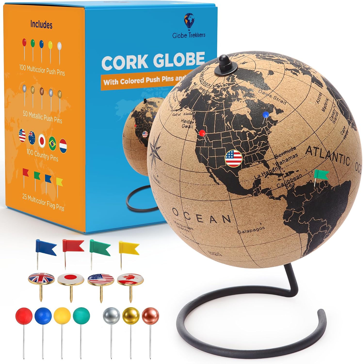 Cork Globe with Push Pins - 9.4” Globe with Map of the World and Rotating Stand for Adults