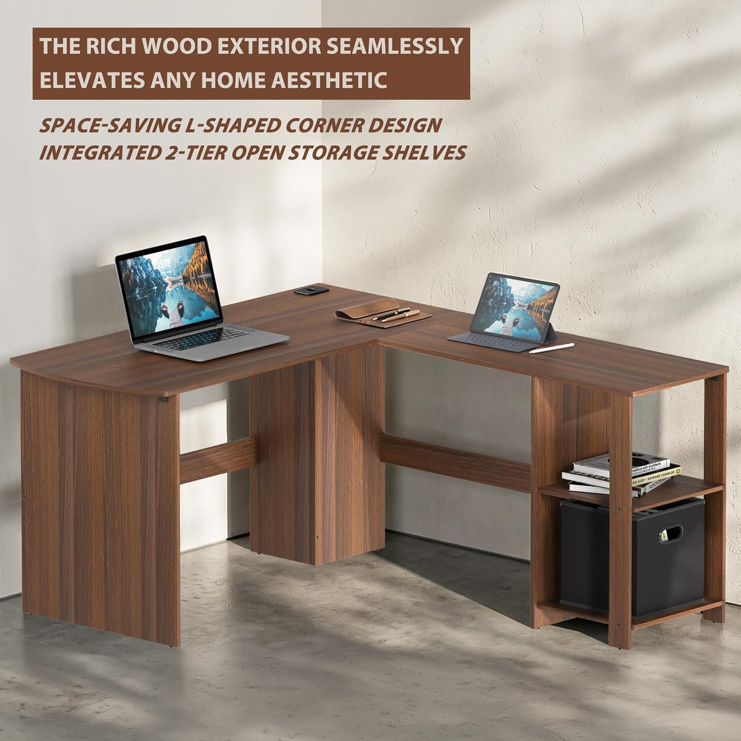 SHW 51 x 51 L-Shaped Home Office Wood Corner Desk with Storage, Espresso | Integrated Book Shelves