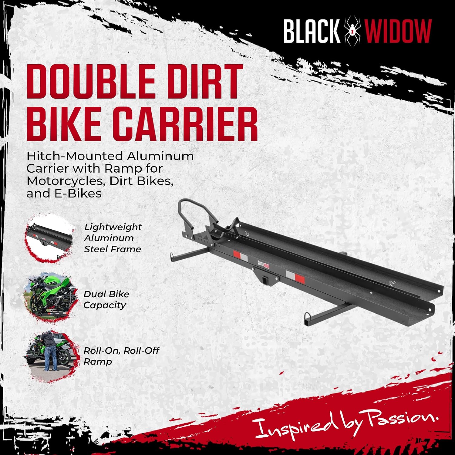 Black Widow Steel Motorcycle Carrier with Ramp for 2-Inch Receiver, 500 lb Capacity - Hitch-Mounted Dirt Bike and Scooter Hauler with Grit-Coated Track and Anti-Rattle Device for SUVs and Trucks