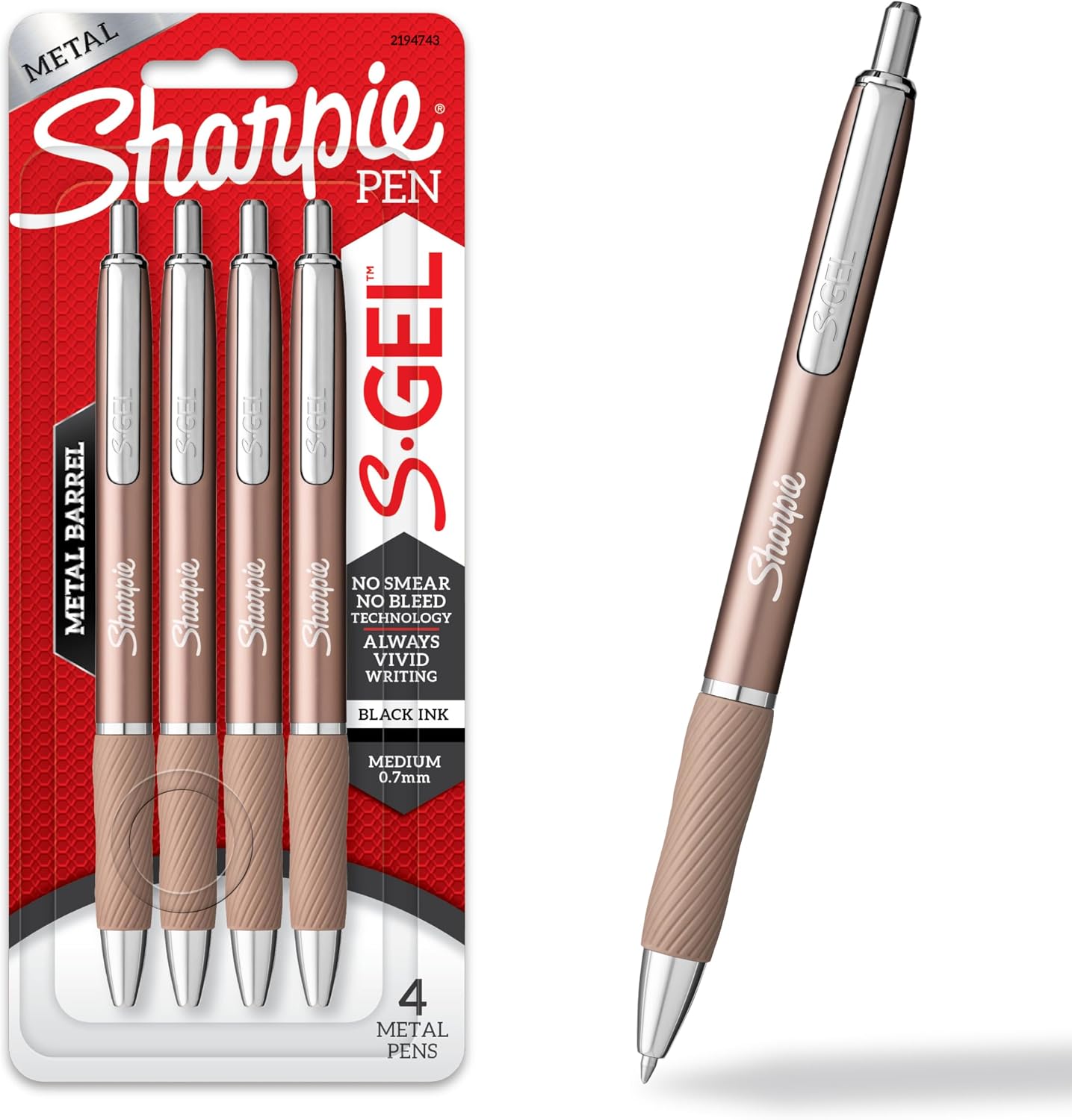 Sharpie S-Gel, Gel Ink Pens, Medium Point (0.7mm), Sleek Metal Barrel, Champagne, Black Ink, 4 Count - Drawing, Journaling, Writing, School