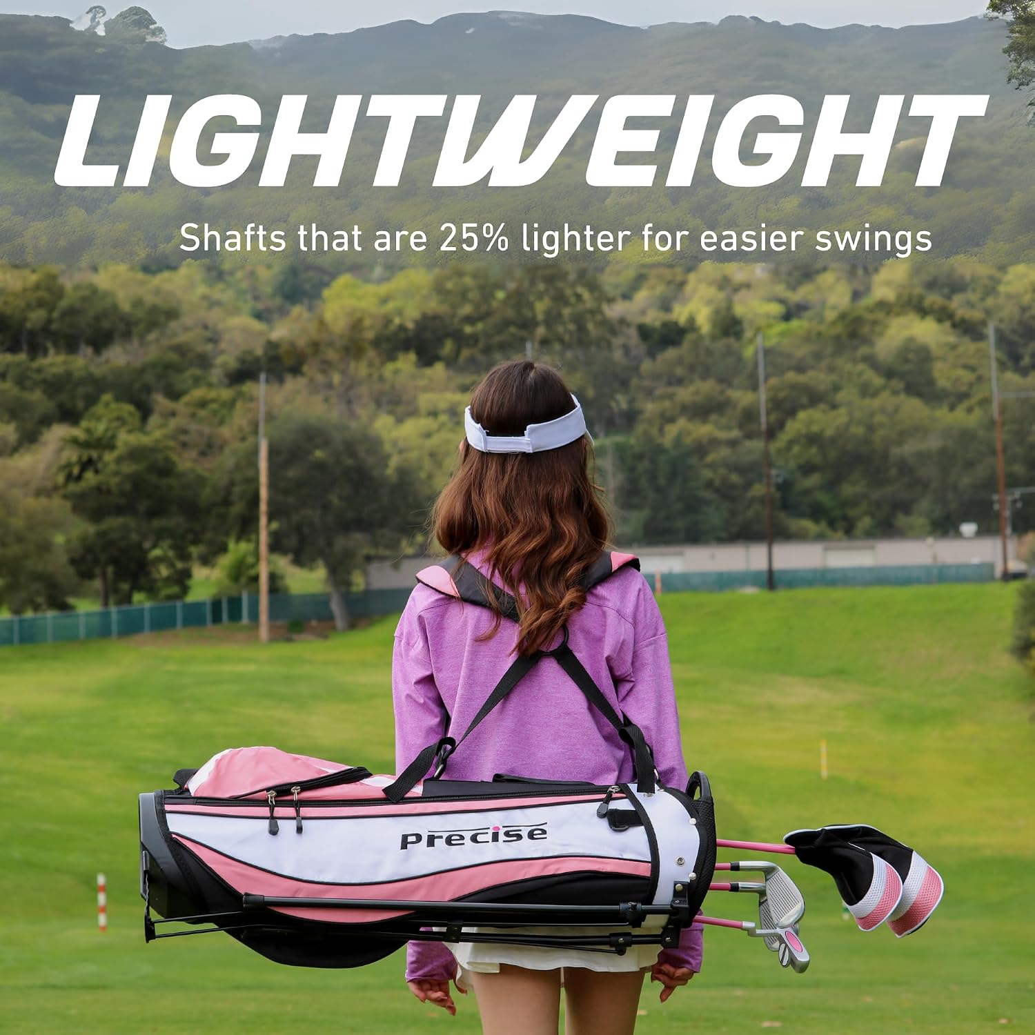 Precise - Kids Golf Club Set | Lightweight graphite shafts, hybrid & irons, putter, stand bag included, for boys and girls, ages 3-12, left/right hand