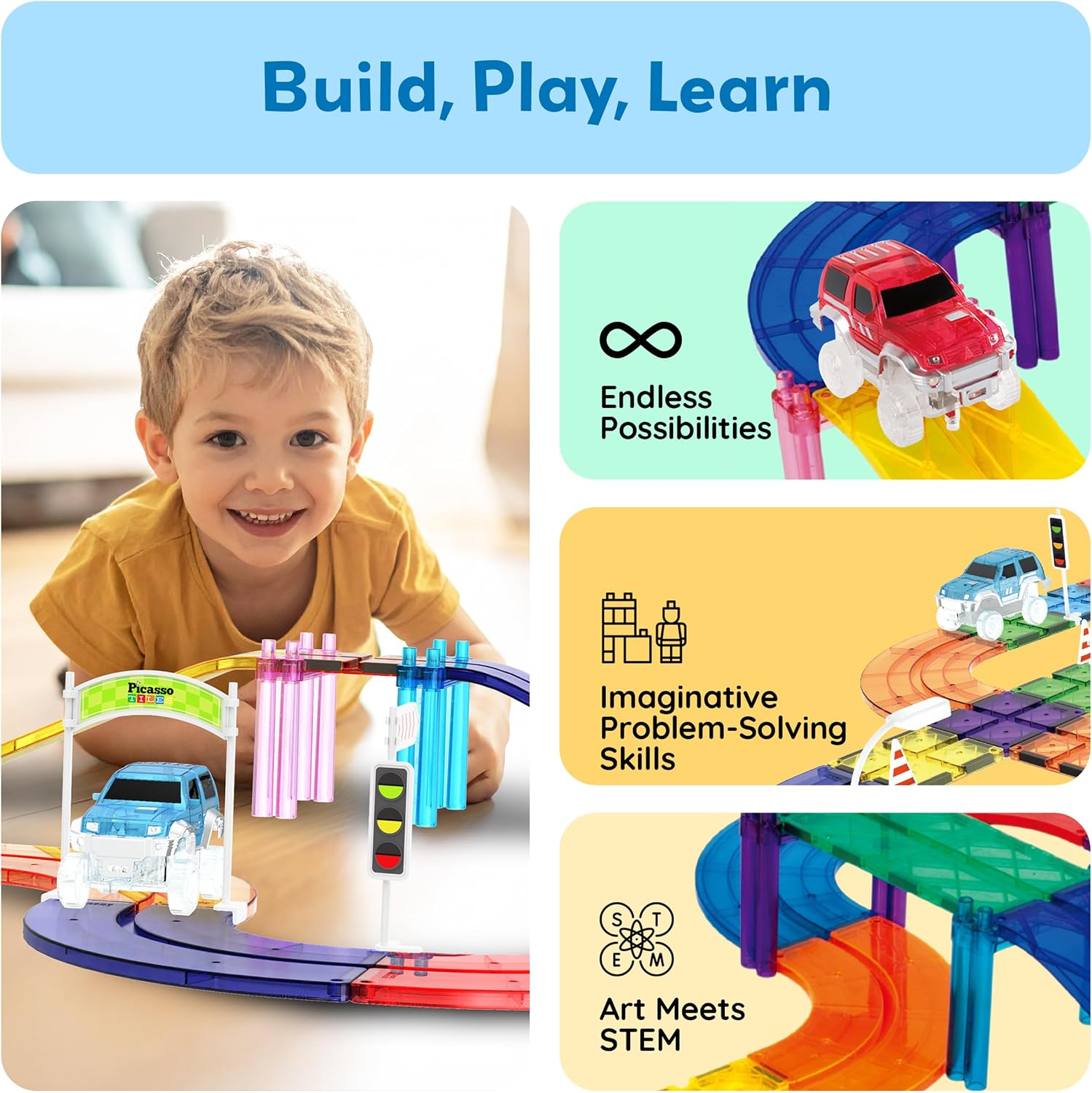 PicassoTiles Race Track Add-On Railway Magnetic Tiles STEM Construction Toy