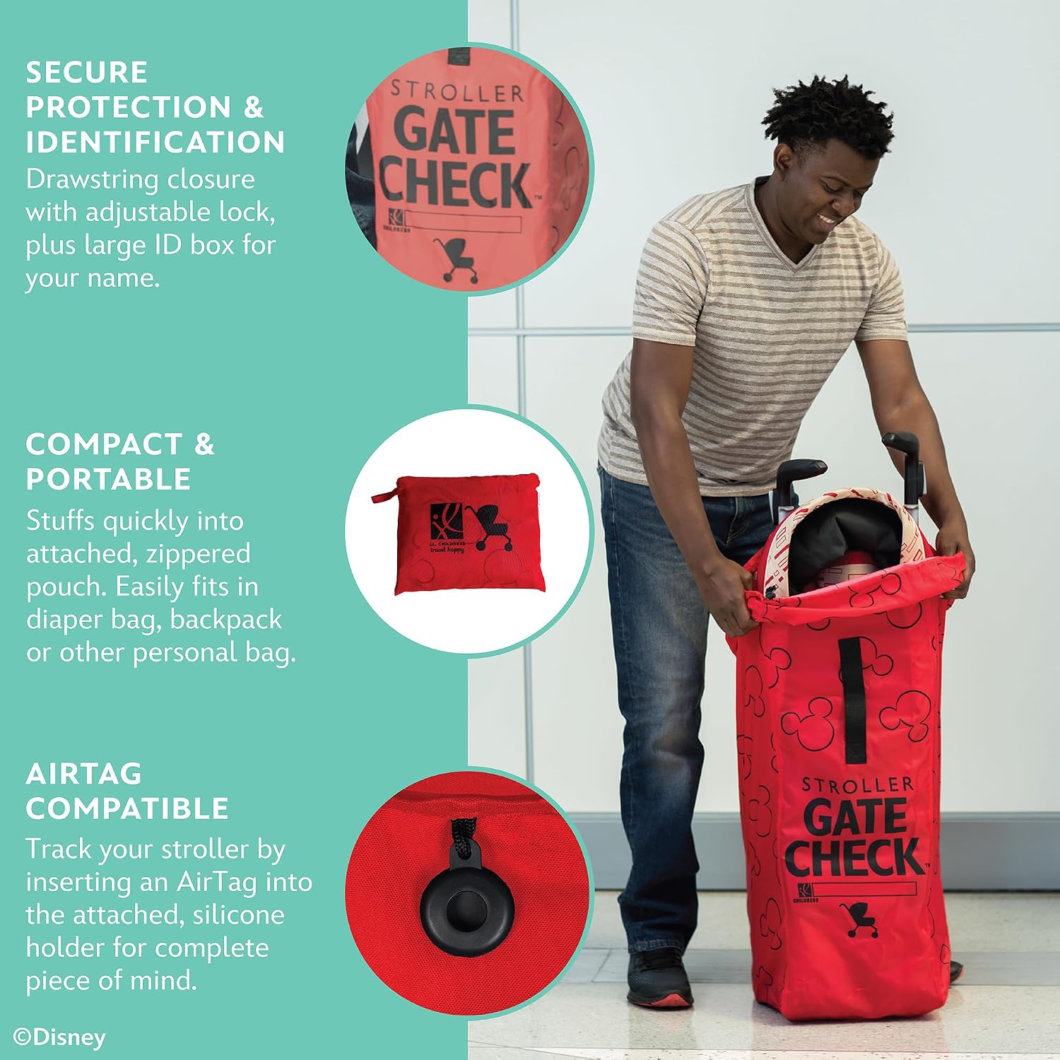 J.L. Childress Gate Check Bag for Umbrella Strollers - Travel Bag for Airplane, Fits Most Single Umbrella Baby Strollers, Airport Accessories for Gate Check, Flying Essentials - Red
