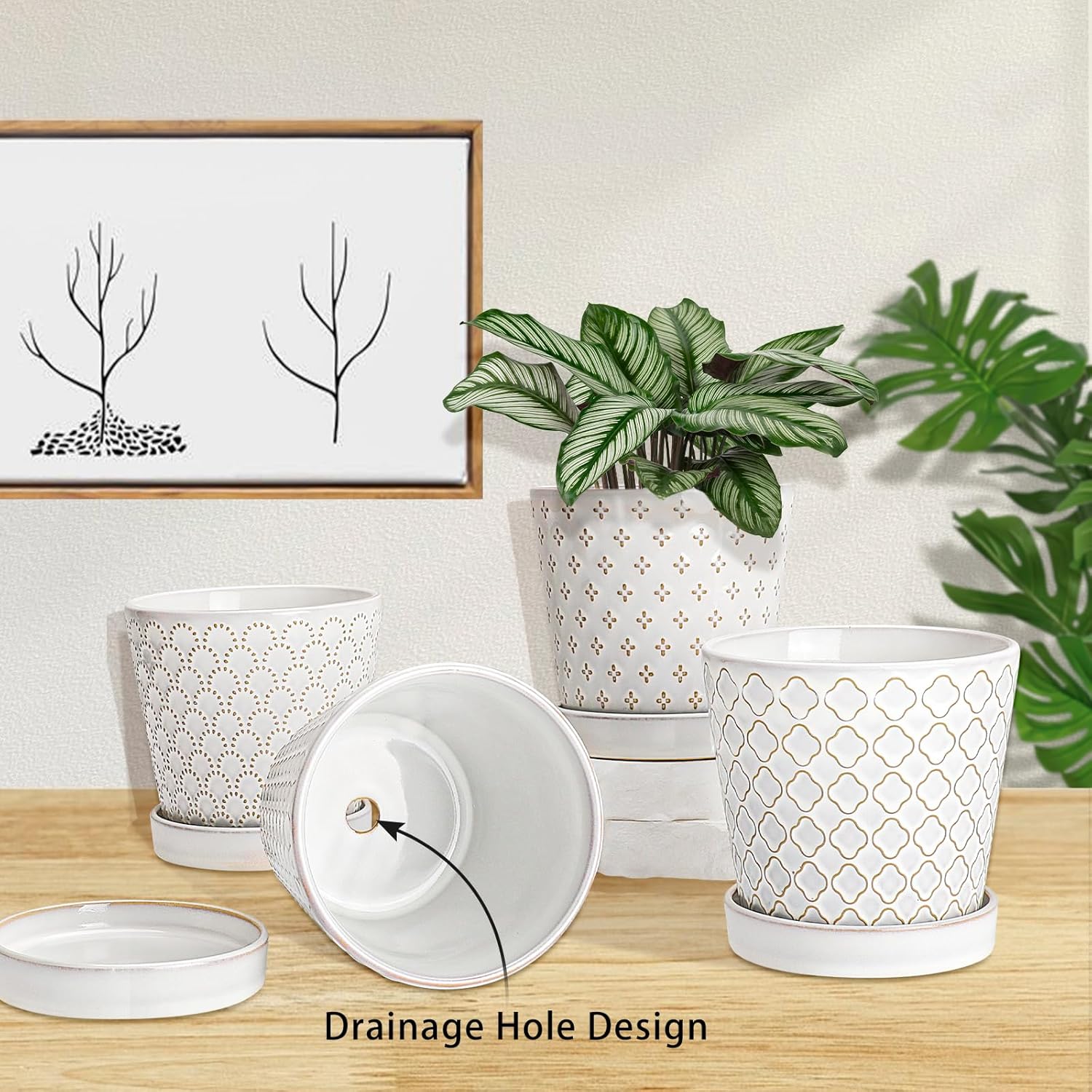 EFISPSS Ceramic Plant Pots, 5 Inch Planters with Drainage Holes and Ceramic Tray, Relief Design Flower Planter