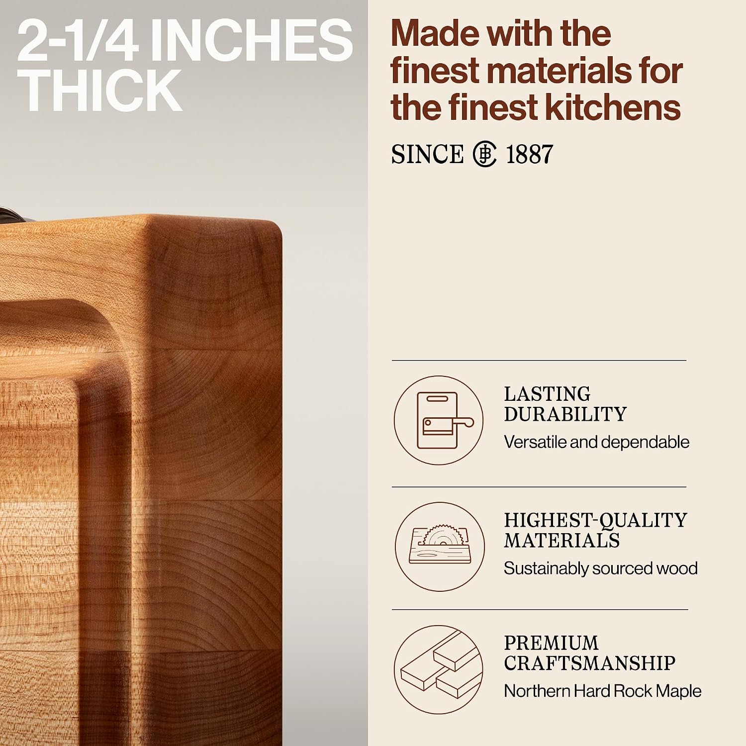 John Boos Newton Prep Master Series Rectangular Wooden Maple Cutting Board 15”x14” – 2.25” Thick, 14-lb Reversible Butcher Block with Catch Pan, Sloped Juice Groove & Edge-Grain – Made in the USA