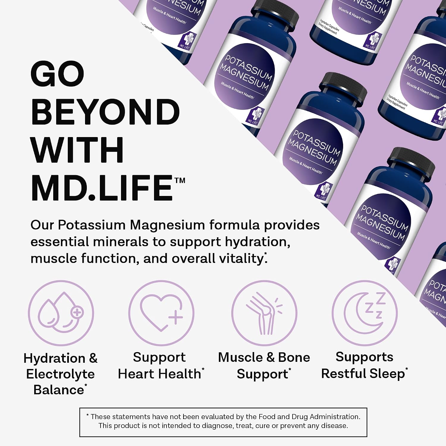 MD. Life Potassium Magnesium Supplement, High Absorption, 90 Capsules | Chelated Mineral Complex - Supports Vascular Health and Leg Cramp - Doctor Designed - Made in the USA - Non-GMO, Vegetarian