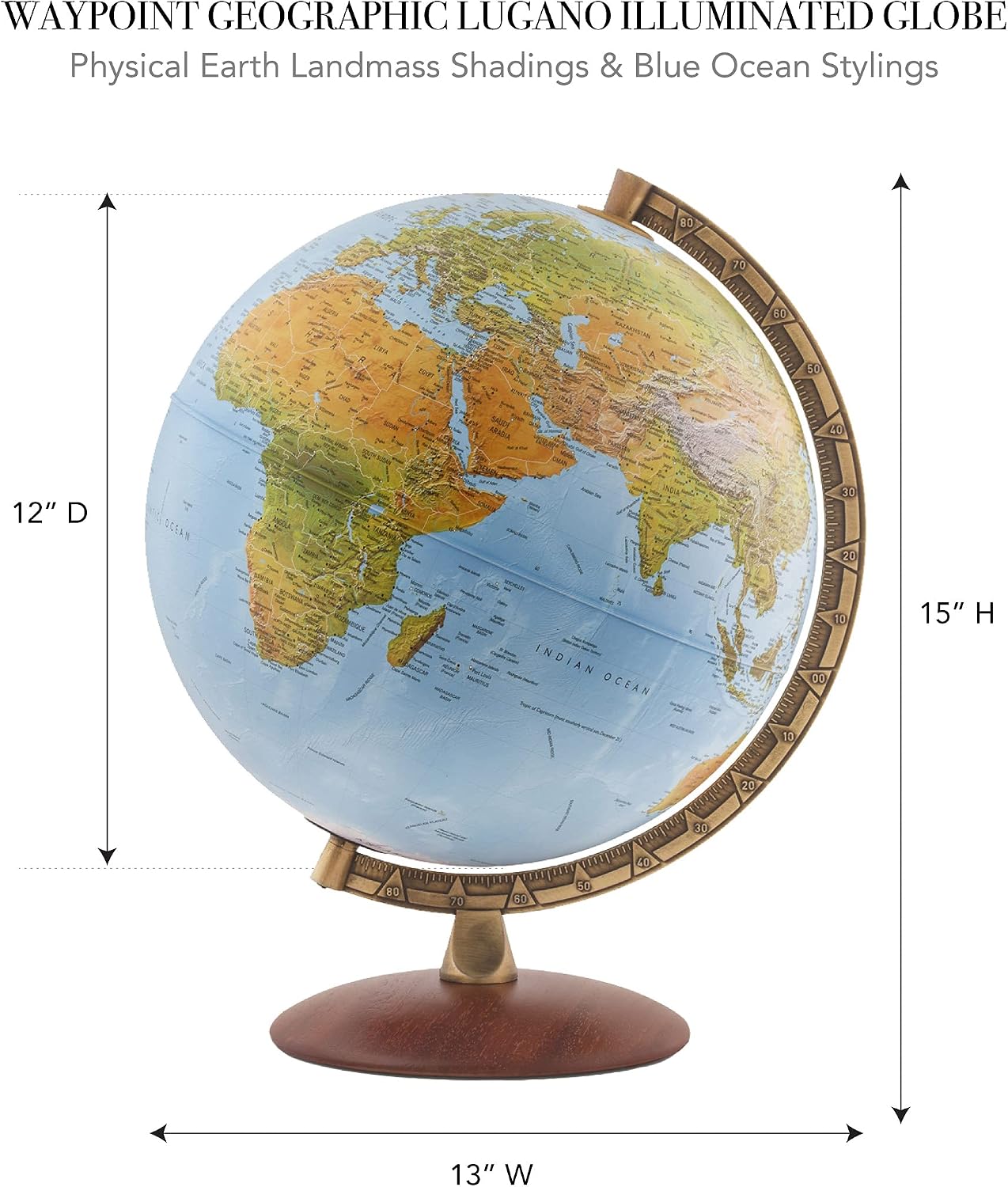 Waypoint Geographic Light Up Globe - Lugano 12” Desk Decorative Illuminated Globe with Stand and Blue Ocean, Up to Date