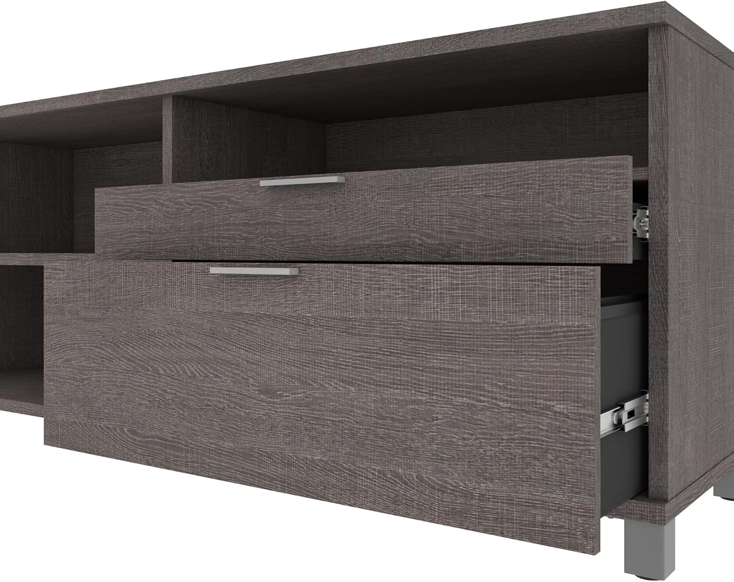 Bestar Pro-Linea 72W U-Shaped Executive Desk in Bark Grey | With Desk Shell, Credenza, Desk Bridge; for home or professional office use; 1 file drawer, 1 box drawer; Wood construction