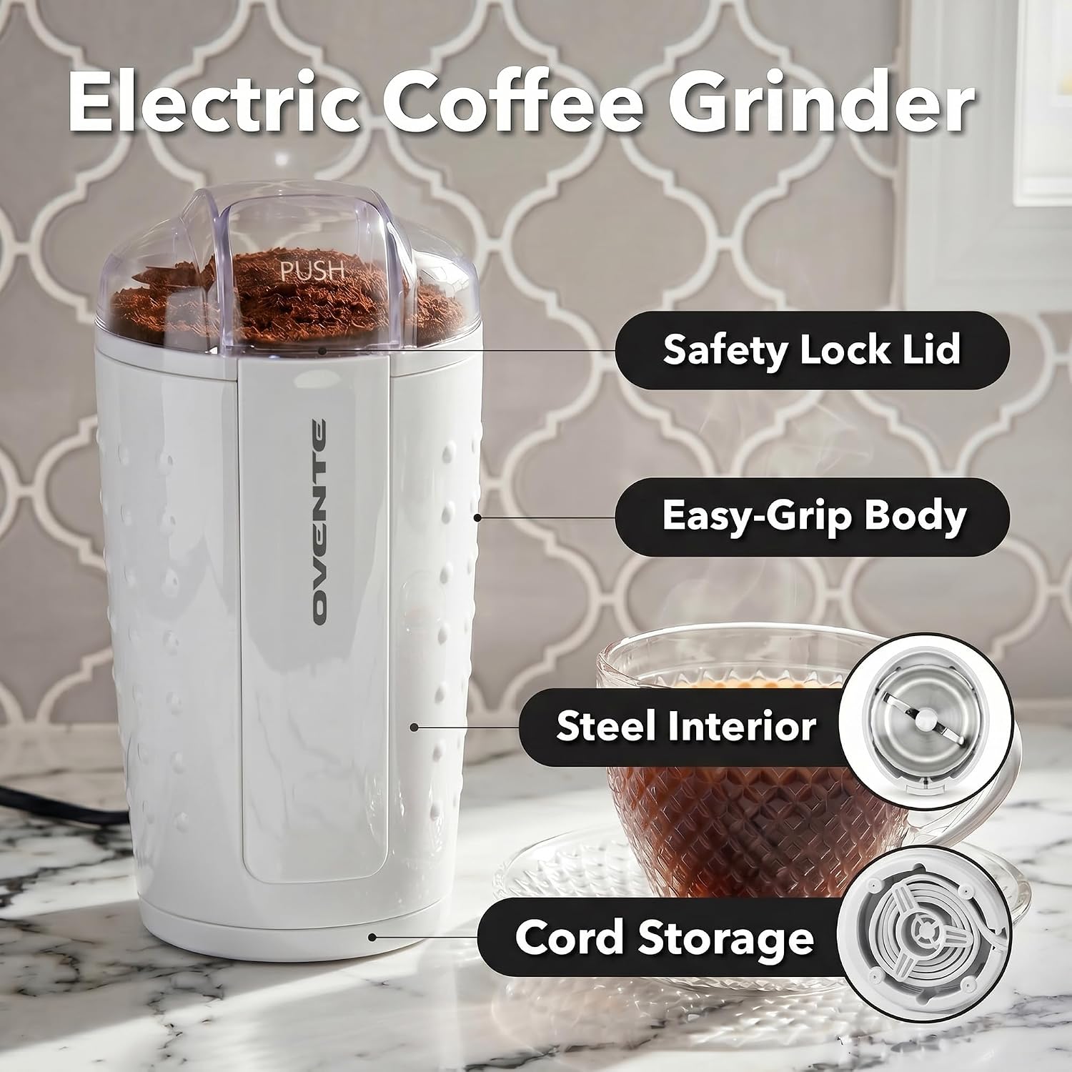 OVENTE Electric Coffee Grinder with One Touch Push-Button, White CG225W | 2.5oz Capacity, 150W Motor, Stainless Steel Blades for Uniform Grinding of Beans, Spices, Herb, Nuts & More, Safety Lock Lid