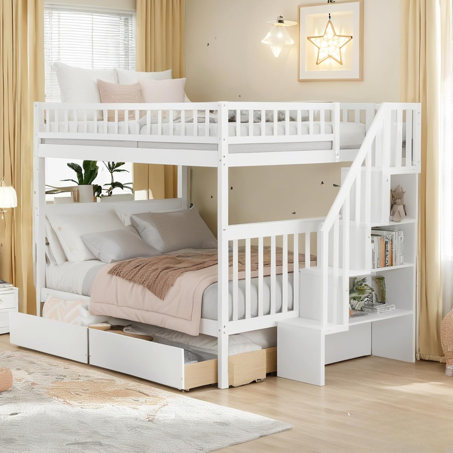 Bellemave Full Over Full Bunk Beds with Stairs Stairway Bunk Bed Frame with Storage Shelves for Teens Adult, Detachable Wood Full Bunk Bed, Gray