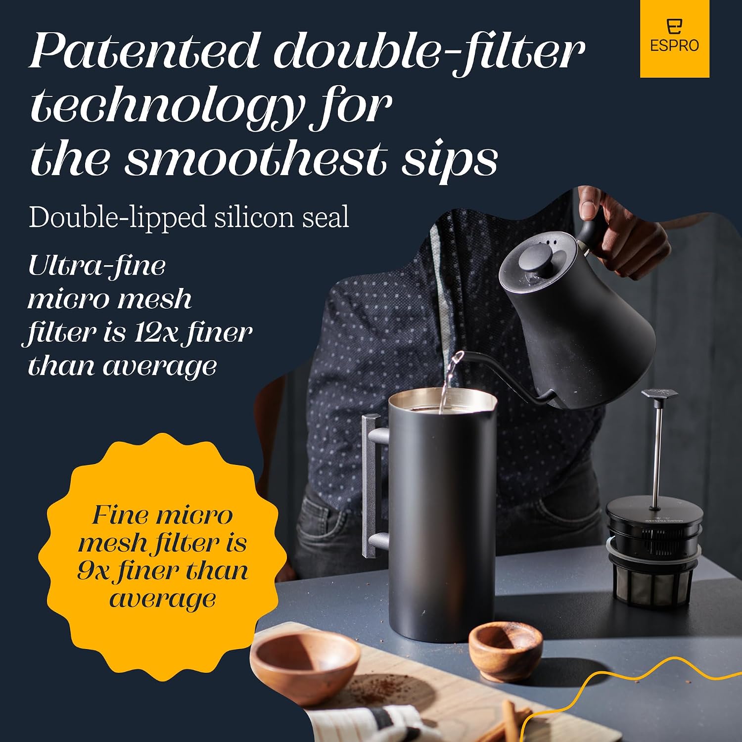ESPRO P6 32 Ounces French Press Coffee Maker, Double Walled Stainless Steel Insulated, Brushed Stainless Steel