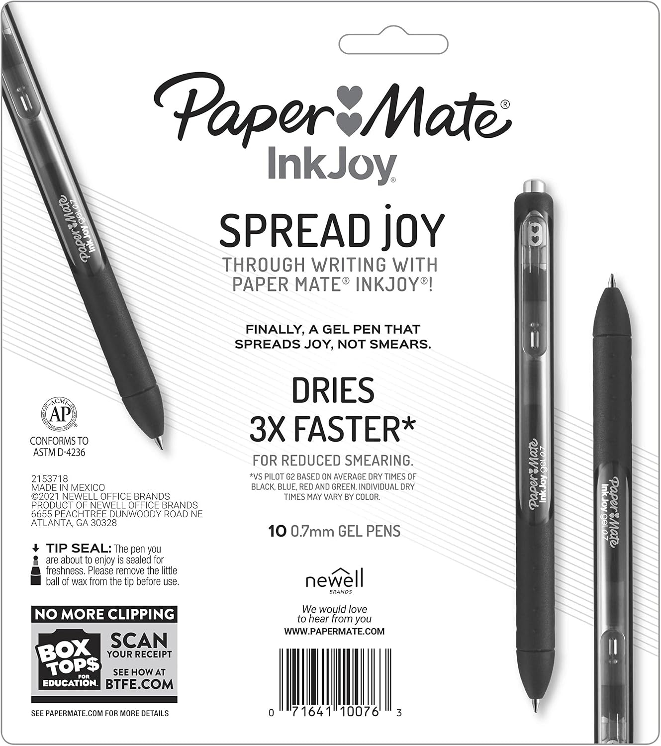 Paper Mate InkJoy Gel Pens, Black, Medium Point (0.7mm), Comfort Grip, 10 Count - Fast Drying Ink, Smooth Writing, Office Supplies