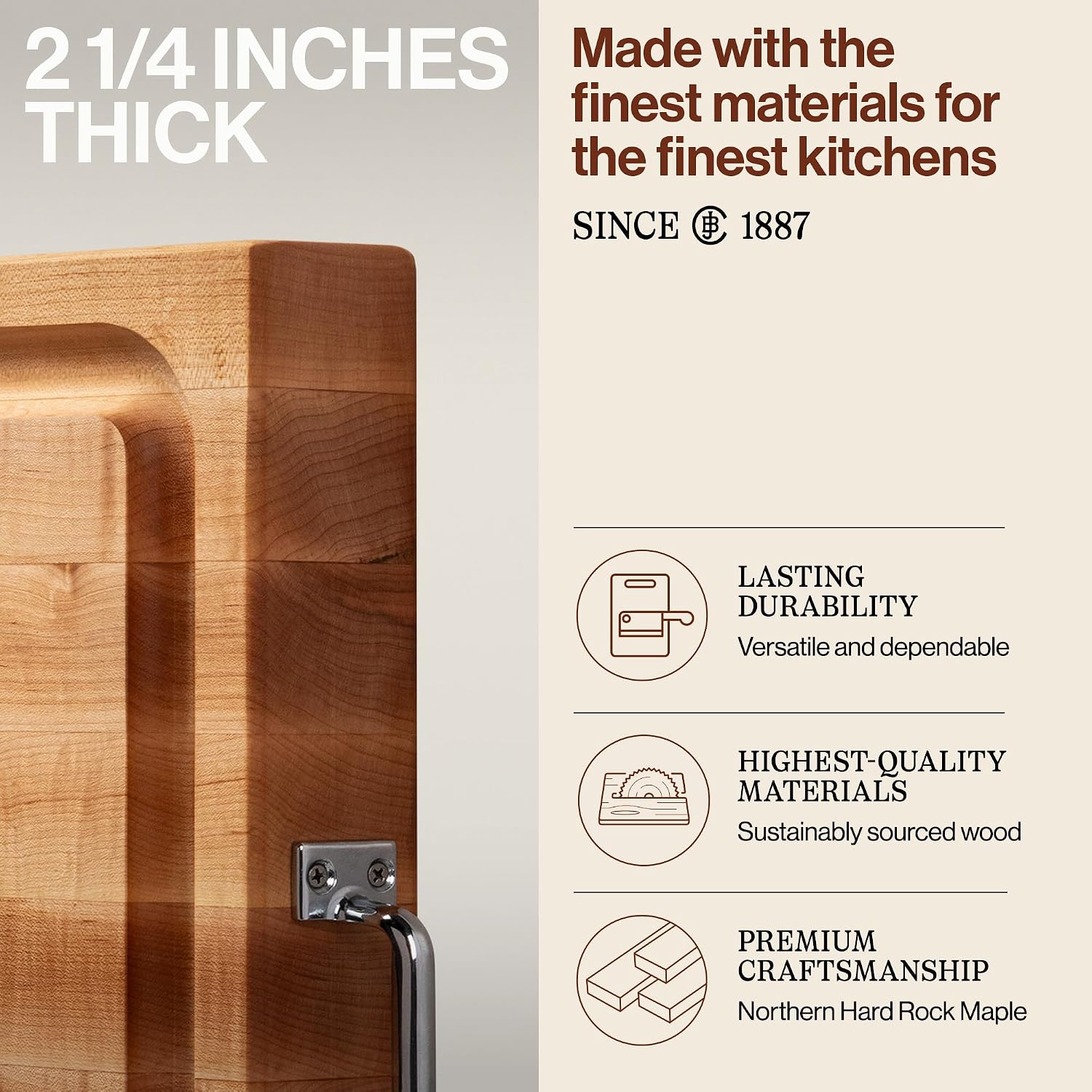 John Boos Handle Boards Series Rectangular Wooden Maple Cutting Board 24”x18” – 2.25” Thick, 30-lb Reversible Butcher Block with Juice Groove, Edge-Grain & Metal Handles