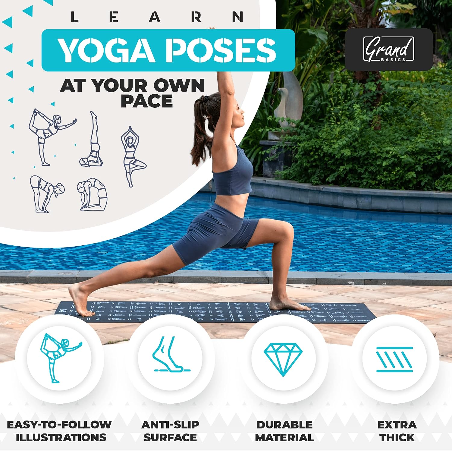 Instructional Yoga Mat with Carrying Strap: Cute Yoga Mat with 75 Illustrated Yoga Poses + 75 Easily-Followed Stretching Exercises - 1/4” Thick