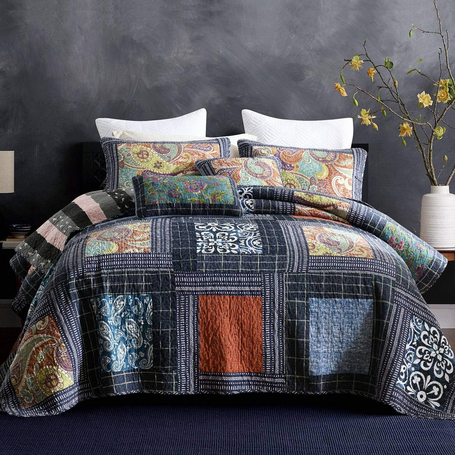 Striped Classical Cotton 3-Piece Patchwork Bedspread Quilt Sets, King Size