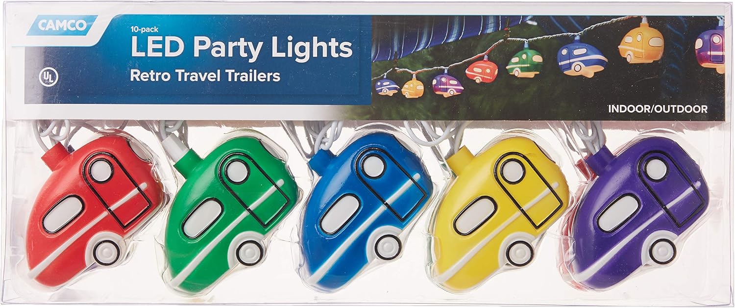 Camco Retro Travel Trailer Party Lights - Features an 8' Strand with (10) Travel Trailer Lights - Camping String Lights - Perfect for RV Awnings and