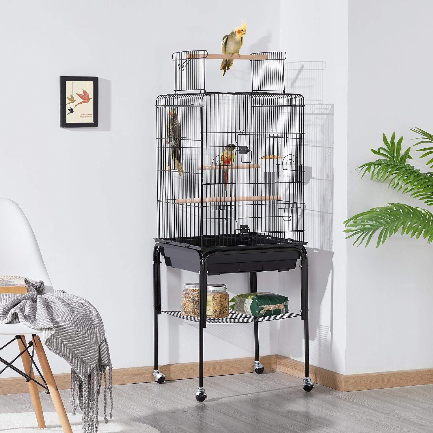 Yaheetech 53.5" Open Top Parrot Bird Cage with Detachable Rolling Stand, Roof Play Flight Cage for Cockatiels, Sun Conures