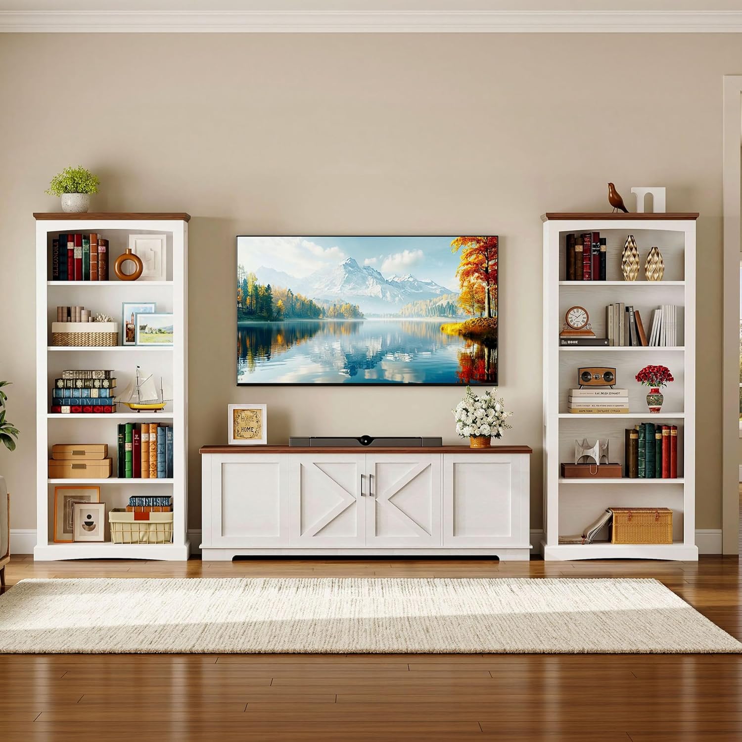 IRONCK 5 Tier Farmhouse Bookshelf 70.9" White Bookcase with Brown Wood Top | brown top & brace side panels, anti-tip stable design, bookcase, bedroom