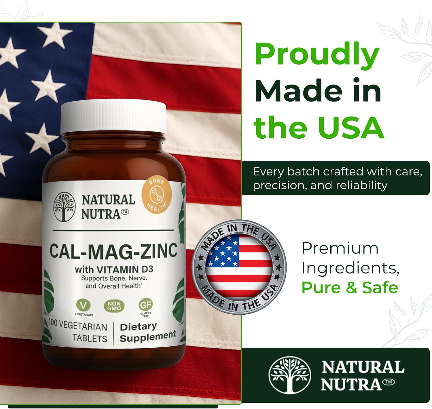 Natural Nutra Calcium Magnesium Zinc (Cal-Mag Zinc) with Vitamin D3,100 | Bone, Teeth, Muscle & Nerve Support, Gluten Free, Sugar Free