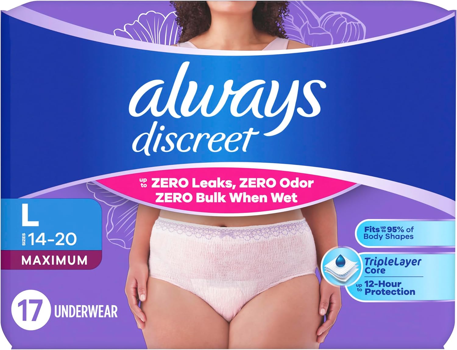 Always Discreet Adult Diapers for Women, Incontinence Underwear, Postpartum Essentials, Disposable Briefs, Max Absorbency, Bladder Leak Protection