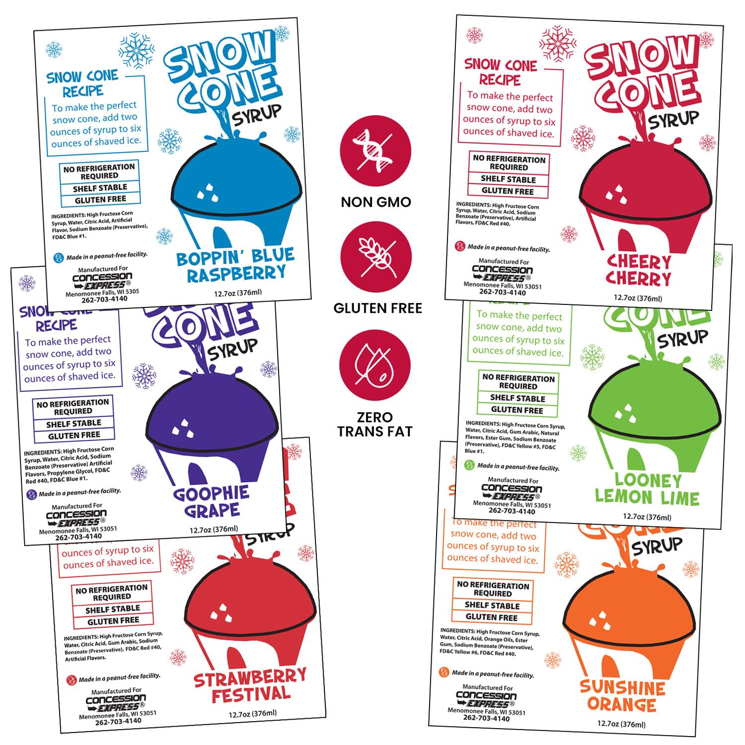 12.7oz Snow Cone Syrups (6 Pack w/Cups and Straws)
