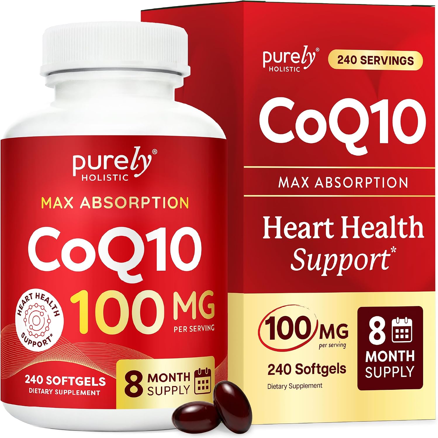 CoQ10 100mg Softgels, Heart Health Support, 8 Month Supply, High Absorption | Coenzyme Q10 for Energy Levels & Vitality Support, Co Q 10 Supplement