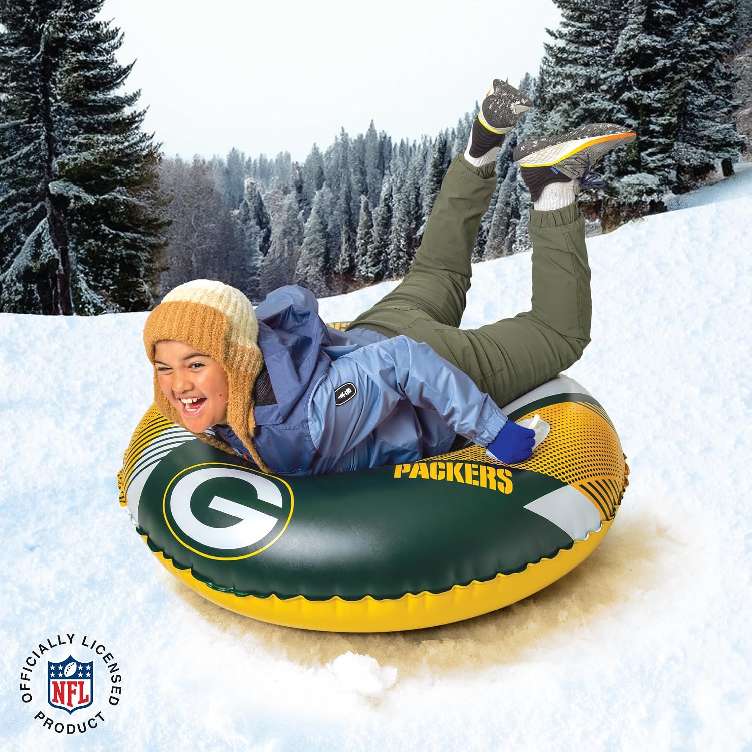 Big Mouth Inc NFL Snow Tube, Heavy Duty Inflatable Snow Sled for Winter Tubing, Ride-On Snow Tube with Handles for Kids and Adults, Outdoor Winter Fun and Football Fan Gifts