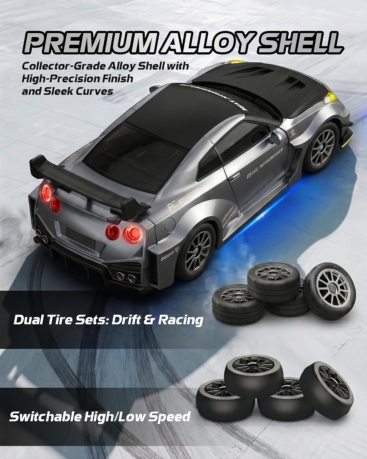 ARRIS 1/43 911 RC Drift Car 4WD with Gyro Full Proportional RTR | Alloy Body, 20KM/H Speed, Extra Drift Tires, Silent Bearings, LED Lighting