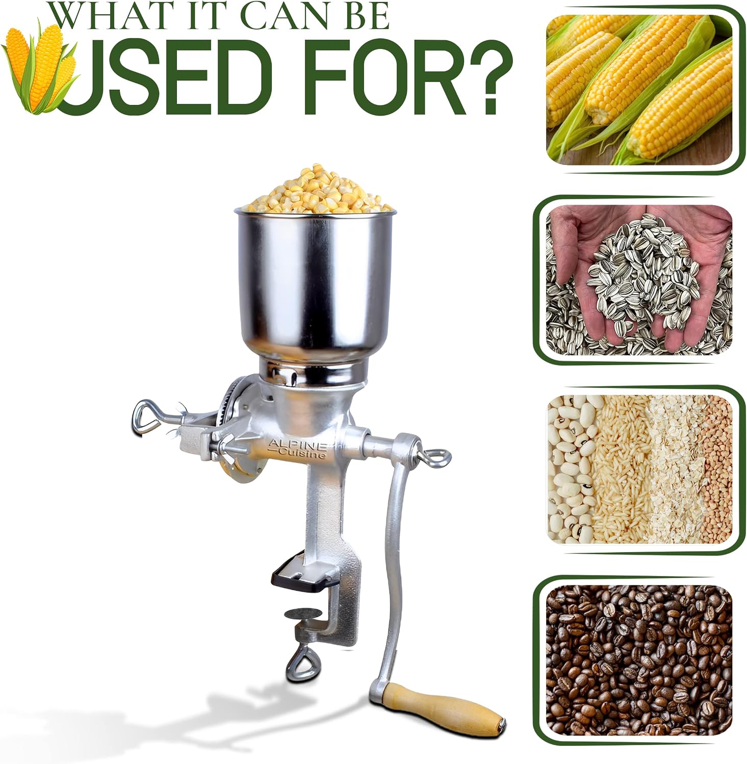Alpine Cuisine Manual Cast Iron Coffee Grinder 17" High Hopper Multi-Purpose Mill for Corn Nuts Wheat Spices Seed Herbs Heavy Duty for Kitchen Homes
